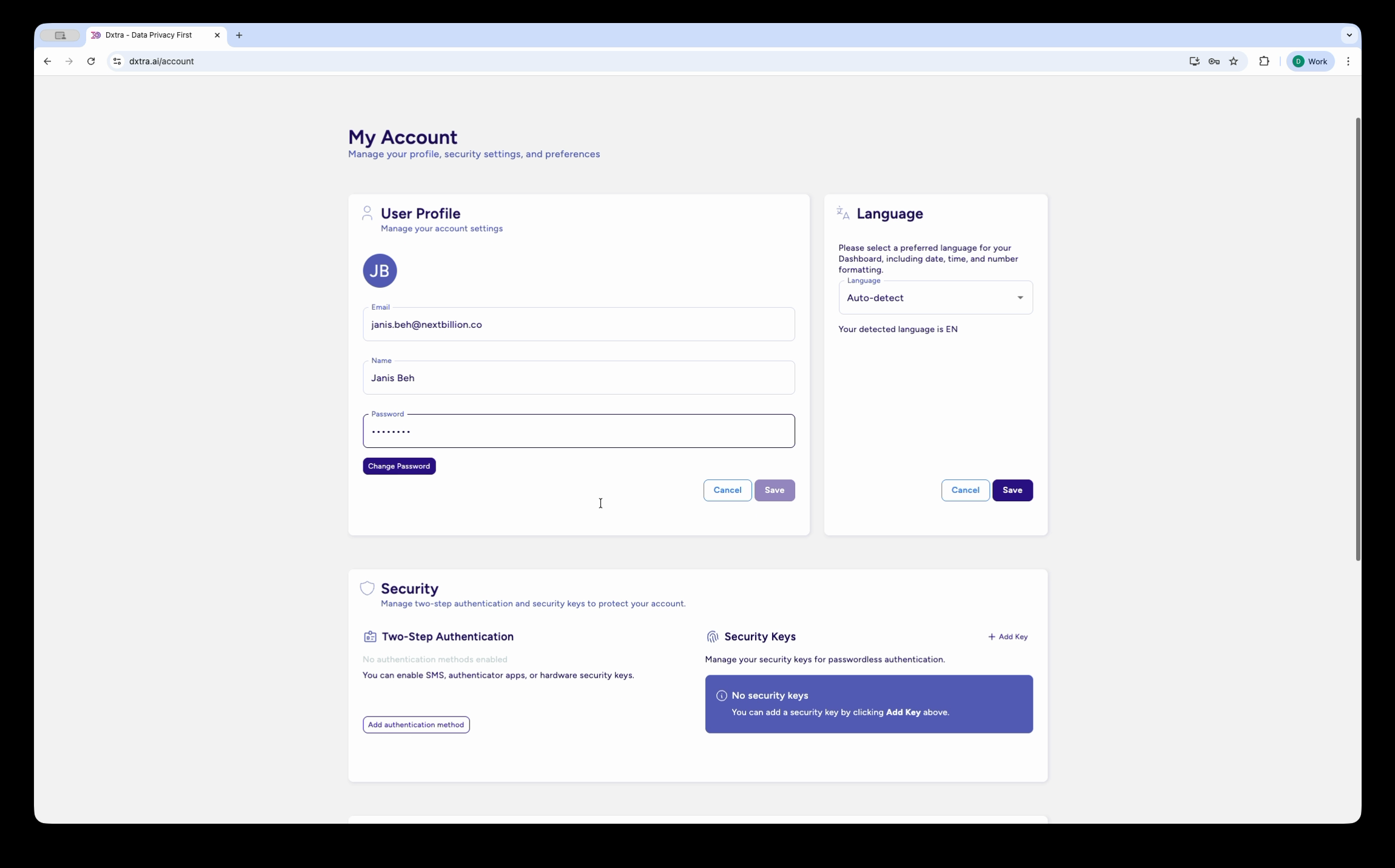 My Account page showing User Profile, Language, and Security settings