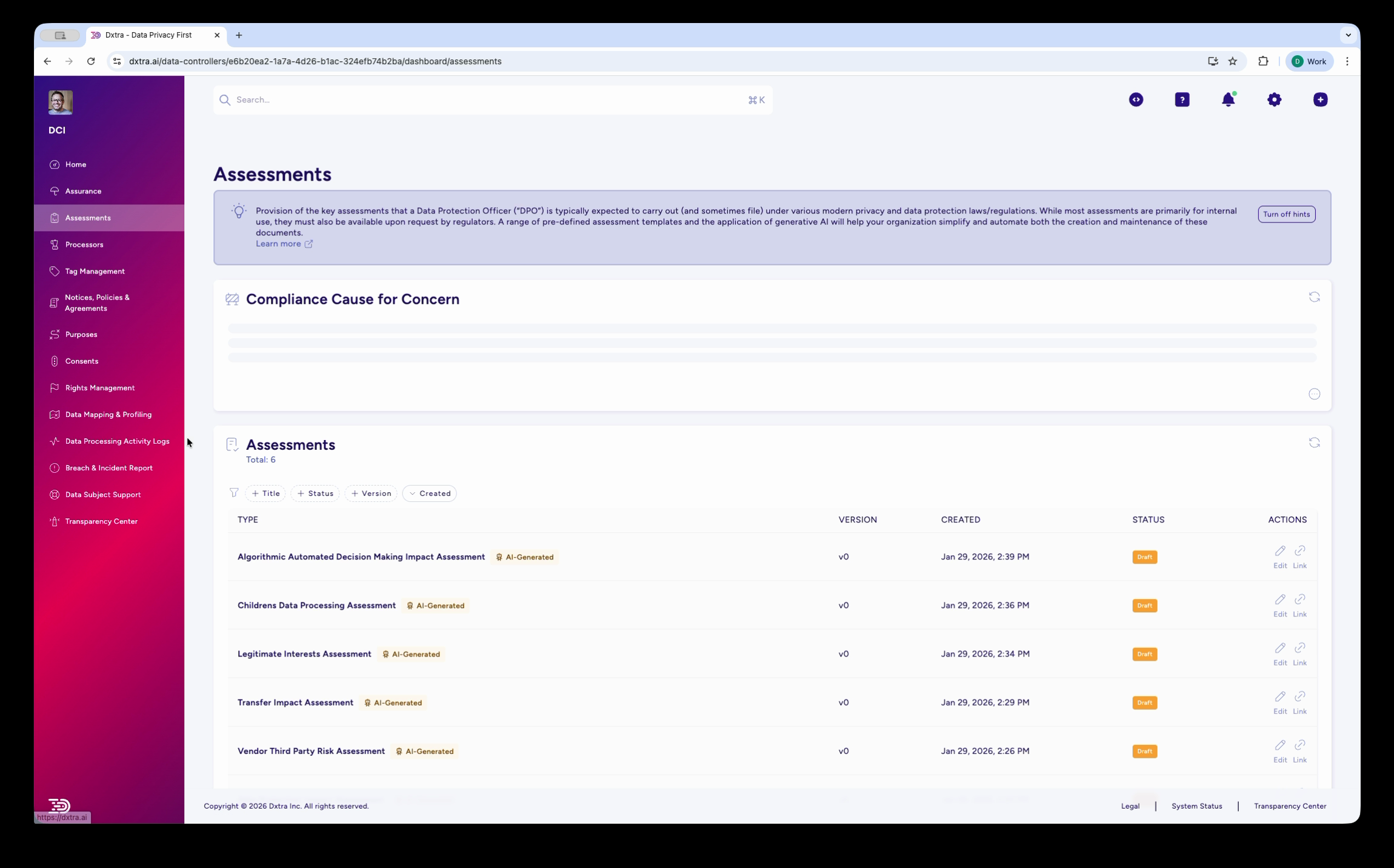Assessments list showing DPIA, Transfer Impact Assessment, and Vendor Third Party Risk Assessment entries with AI Generated badges and LIVE/draft statuses