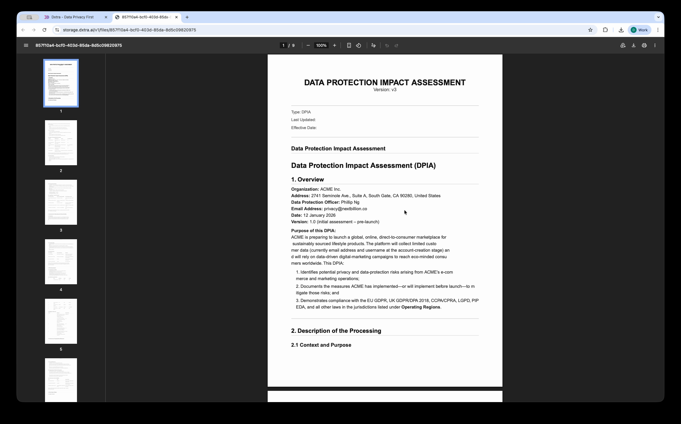 PDF viewer showing exported DPIA with proper formatting, headings, tables, and risk assessment data