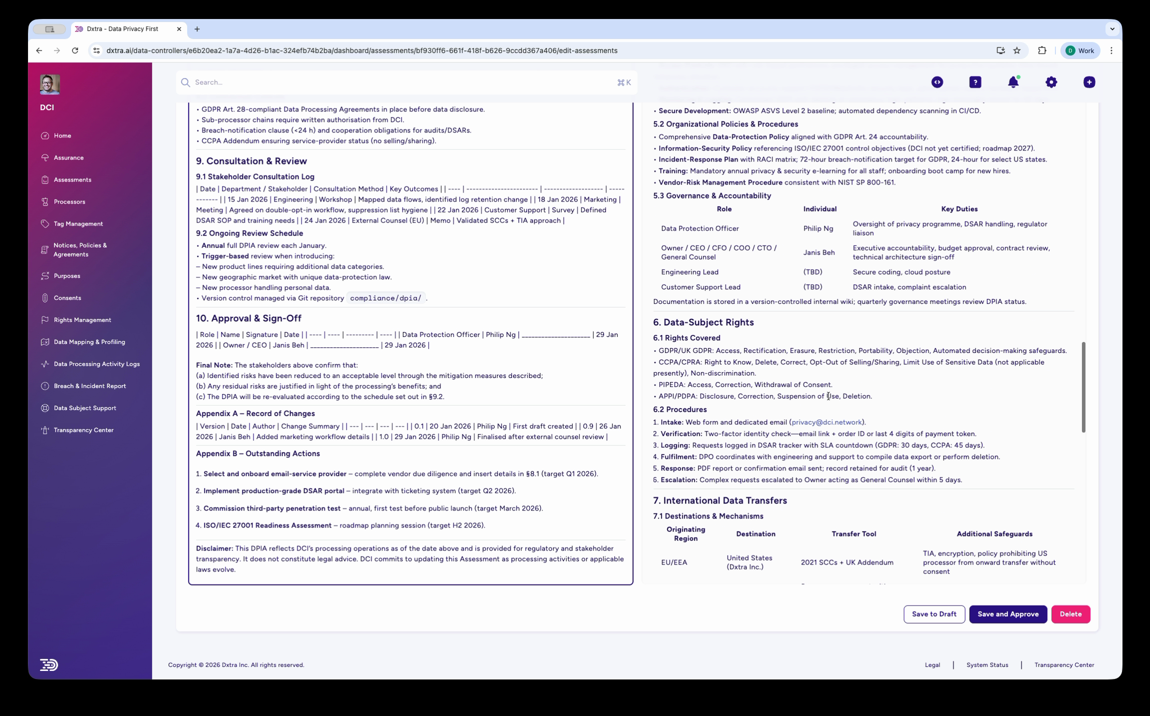 Edit Assessment page showing split view with WYSIWYG editor on left and live preview on right, displaying International Data Transfers section with table showing transfer mechanism, destination, transfer test, and additional safeguards columns