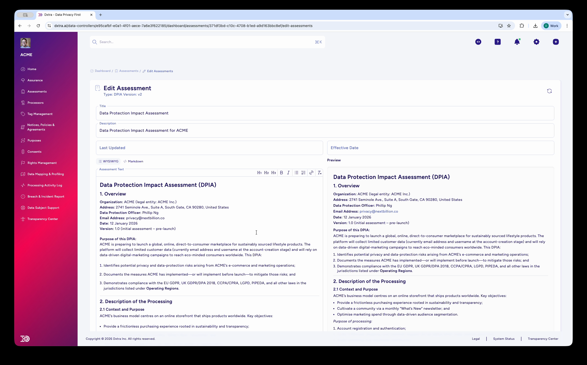 Assessment editor with split view: left panel shows rich text editor with toolbar, right panel shows live preview of assessment content