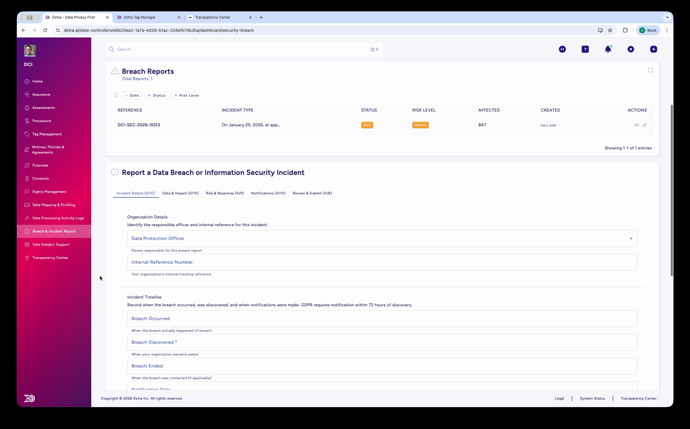 Breach Reports list showing existing reports with reference numbers, status, risk level, and affected count