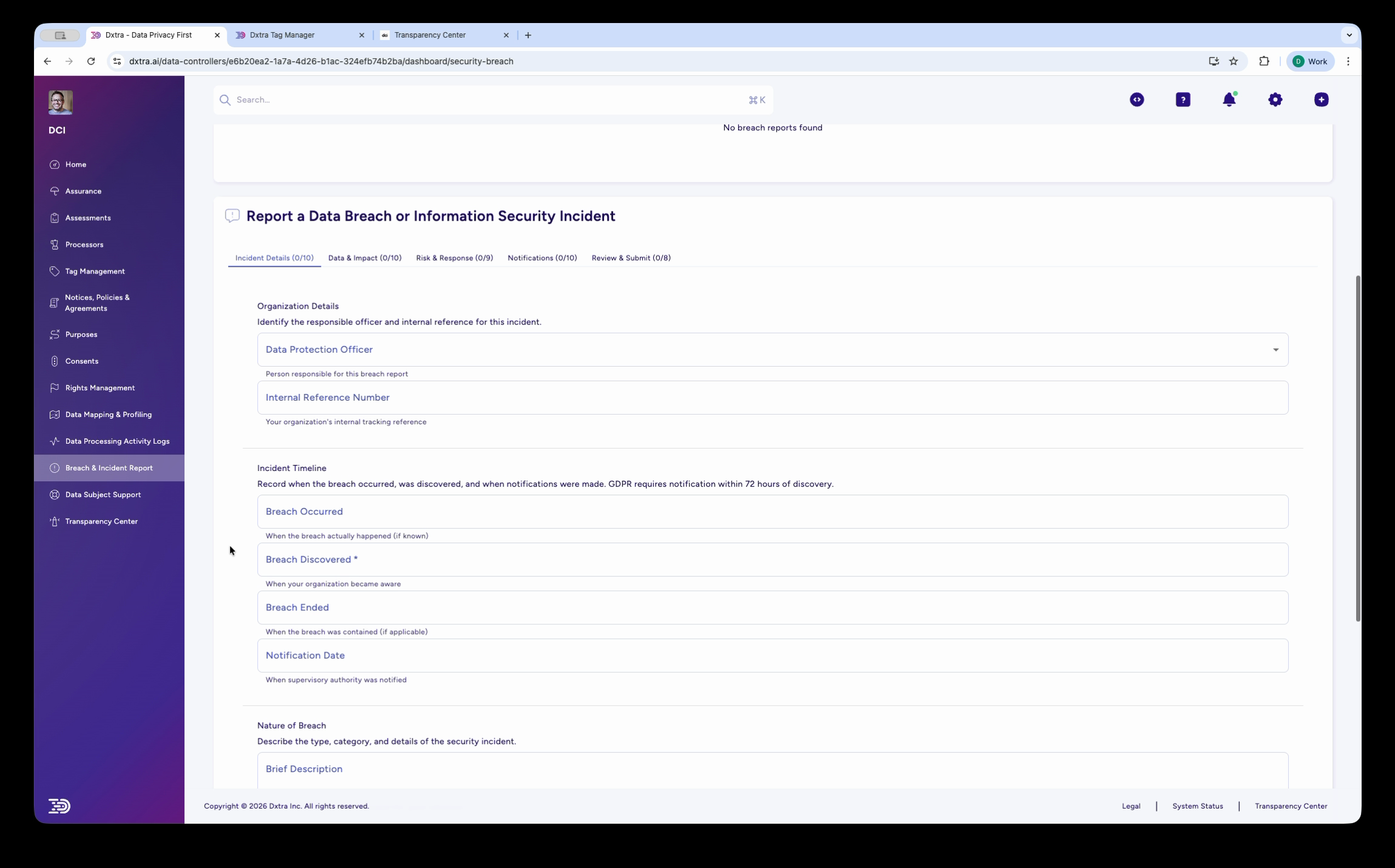 Step 1 Incident Details showing organization details and incident timeline fields