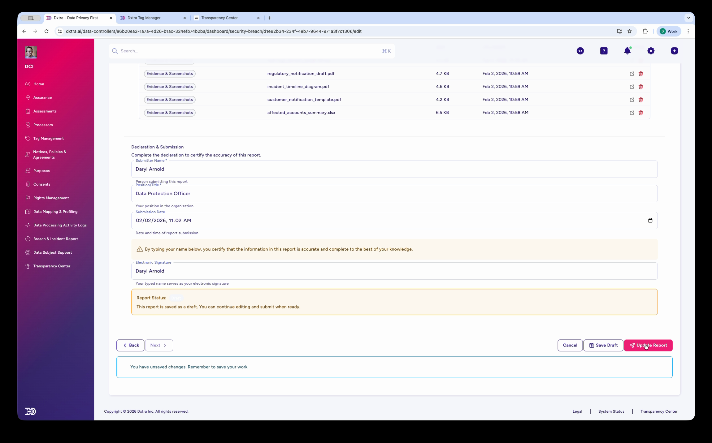 Step 5 Review & Submit showing evidence files, declaration, and submit buttons
