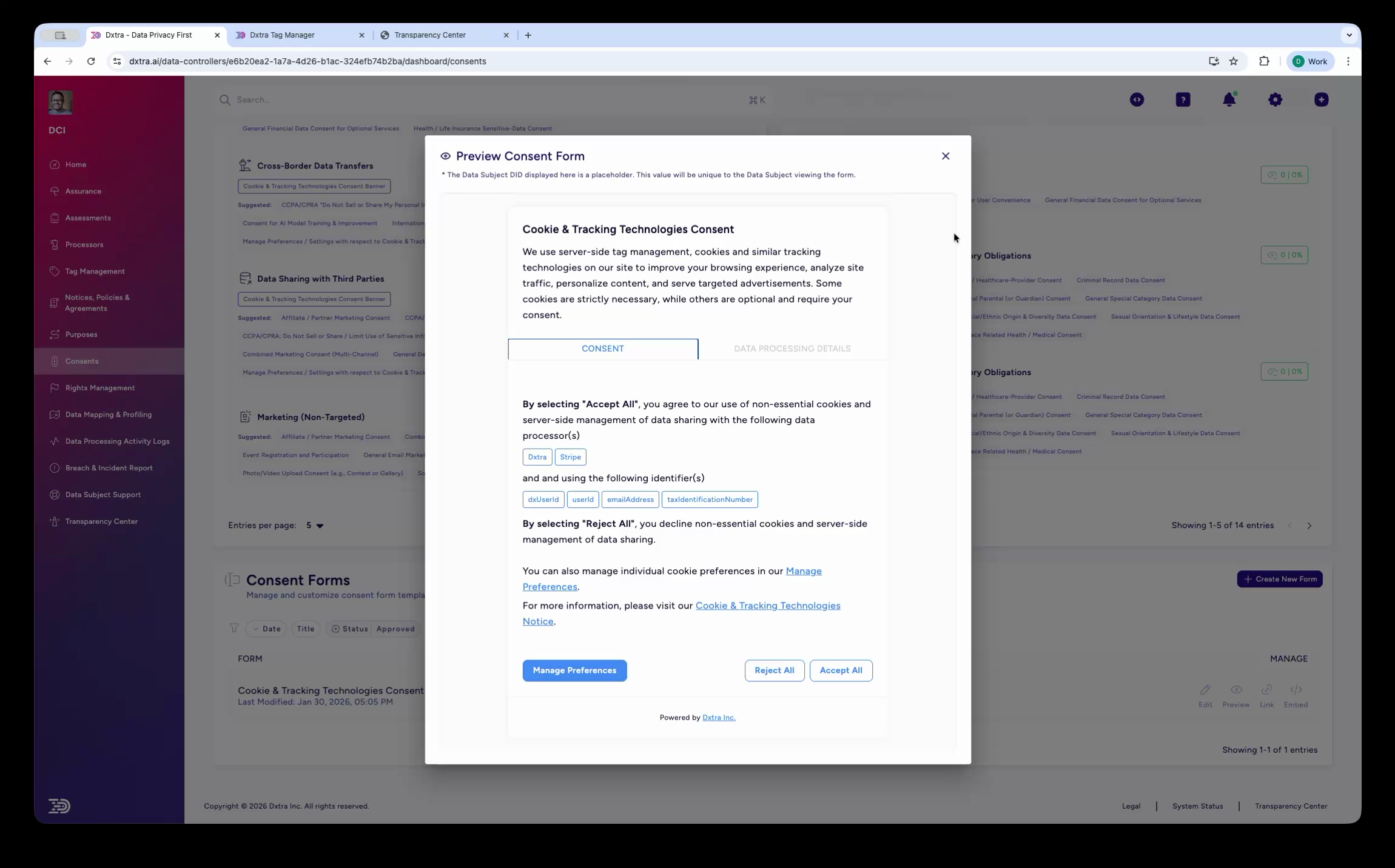 Consent banner preview showing consent text, processor badges, and action buttons