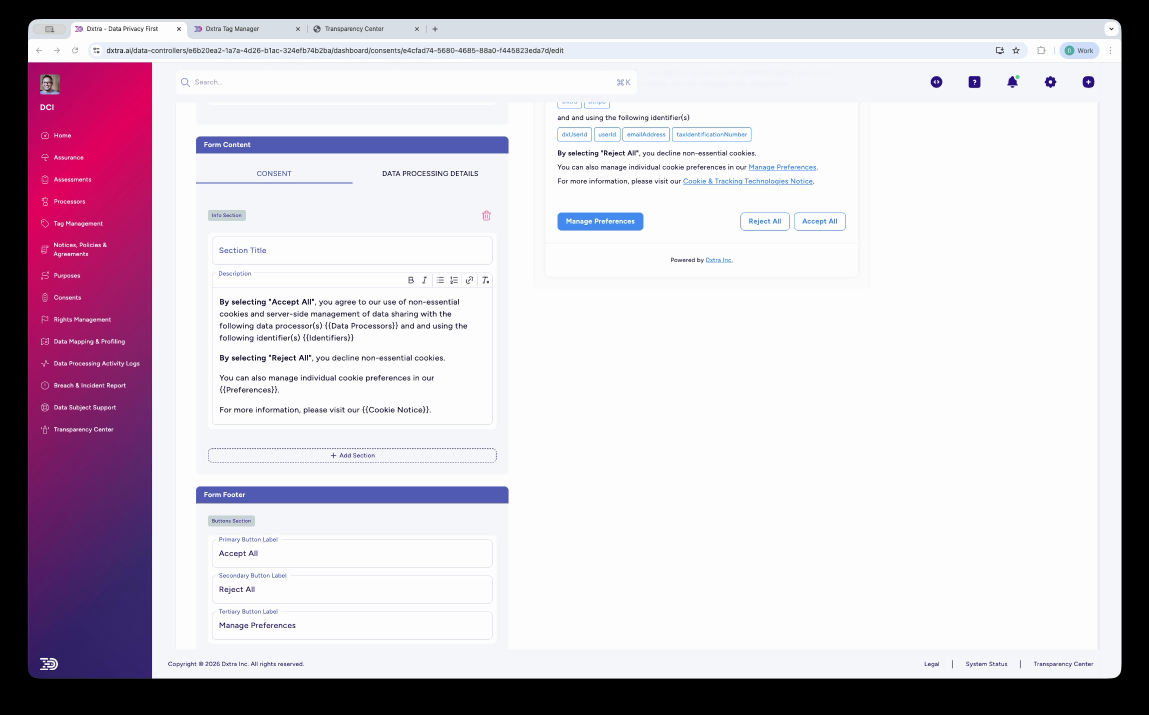 Consent form editor footer section showing button configuration