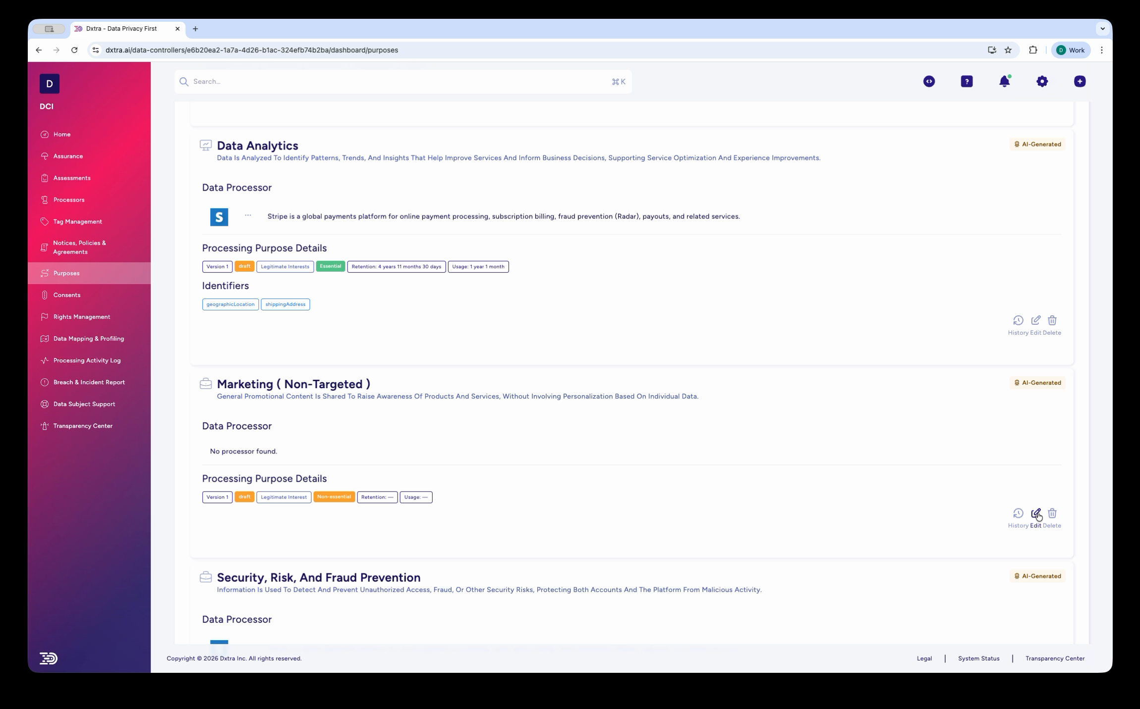 Expanded purpose categories showing individual purposes with processor details and regulation badges