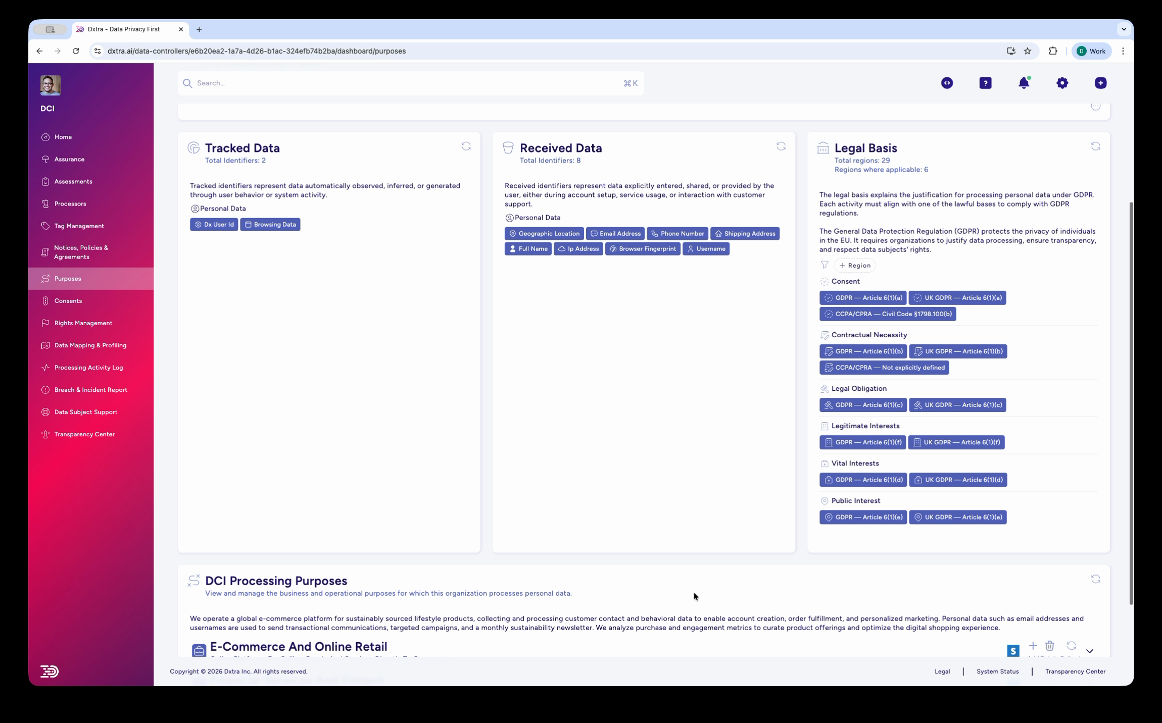 Purposes page showing Tracked Data, Received Data, and Legal Basis summary cards