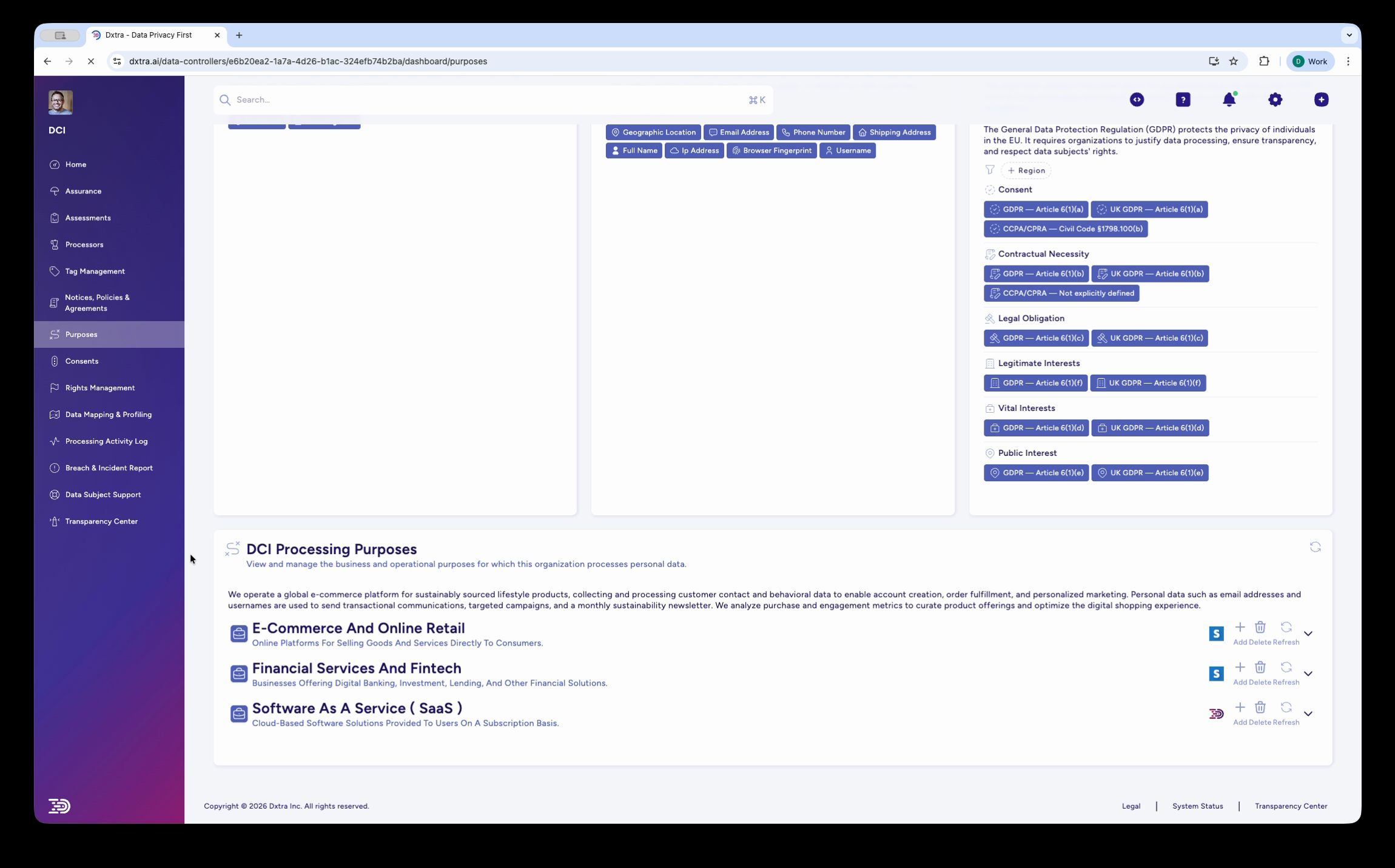 Purposes page with legal basis badges showing GDPR, CCPA, and legal basis types
