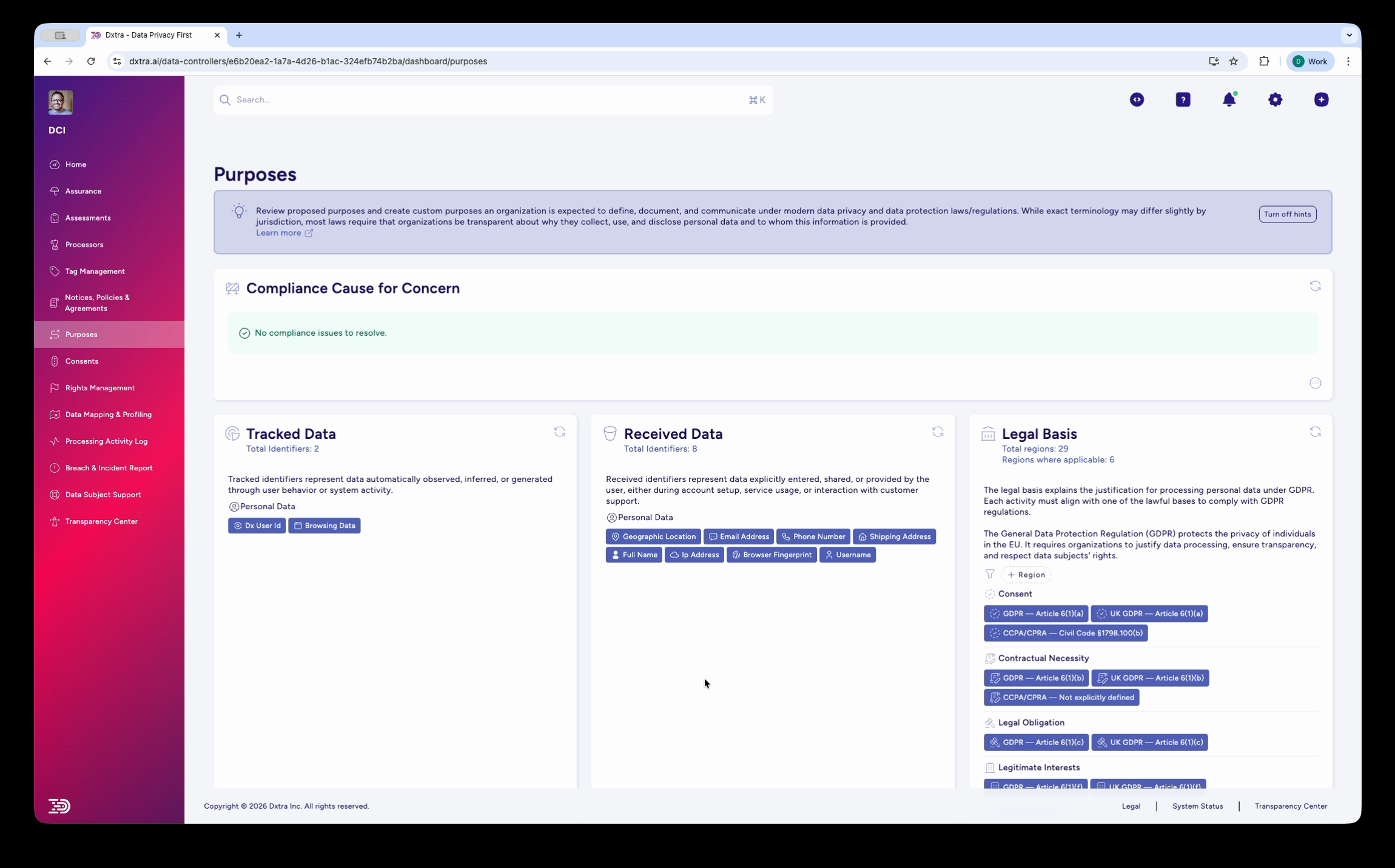 Purposes page showing tracked data, received data, and legal basis cards with purpose categories below