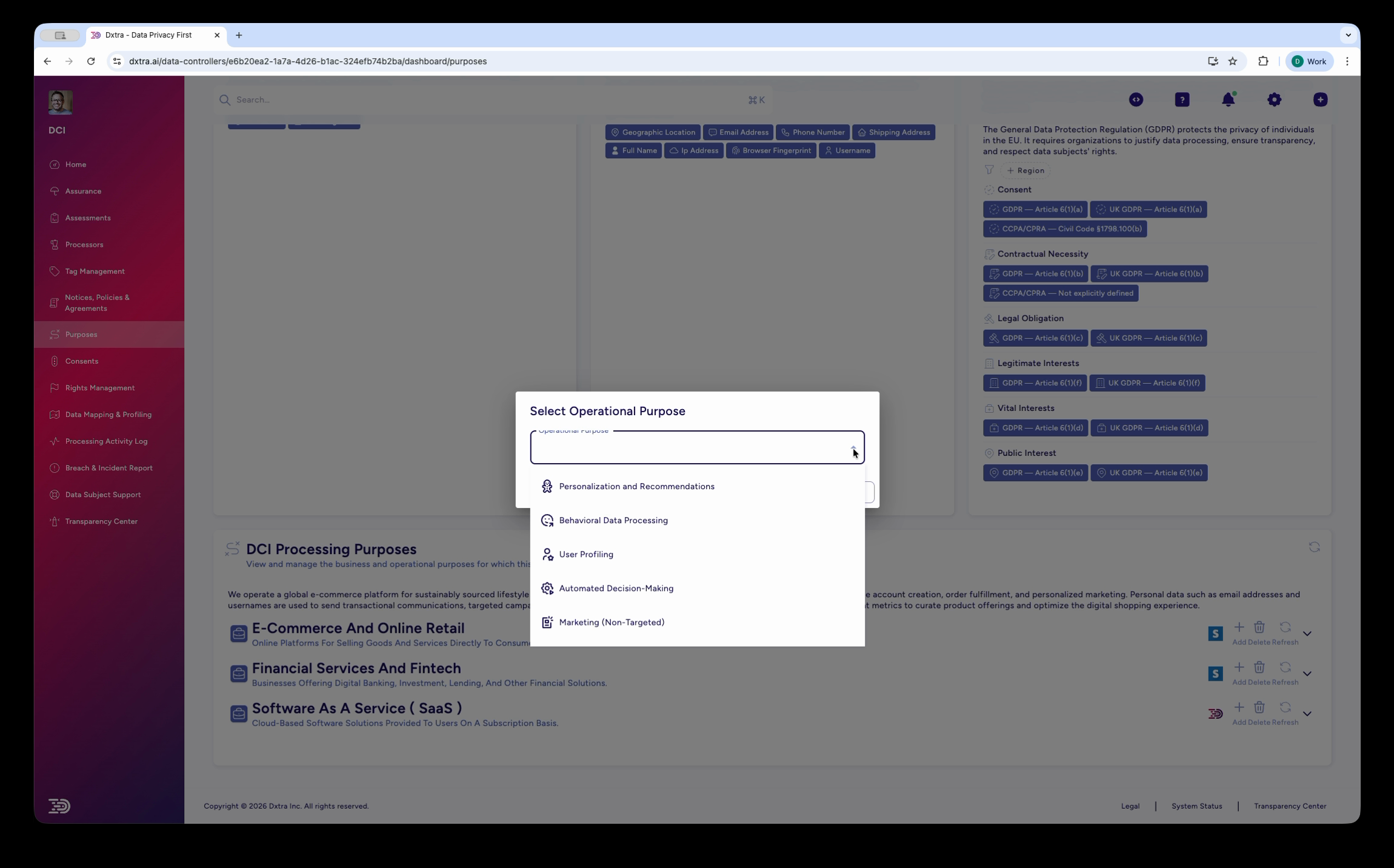 Select Operational Purpose dialog with searchable list of purpose types