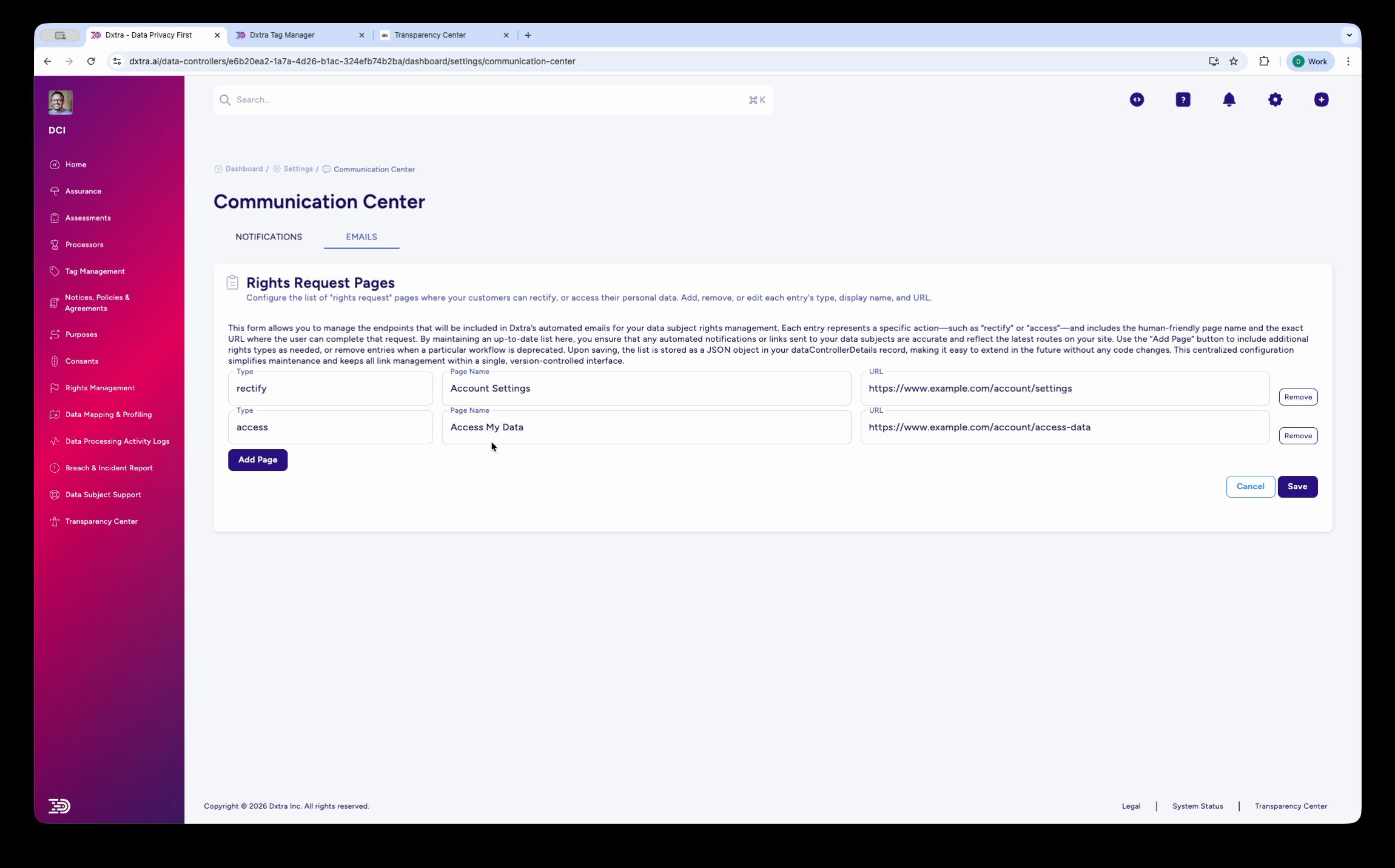 Communication Center showing Rights Request Pages configuration with page names and URLs