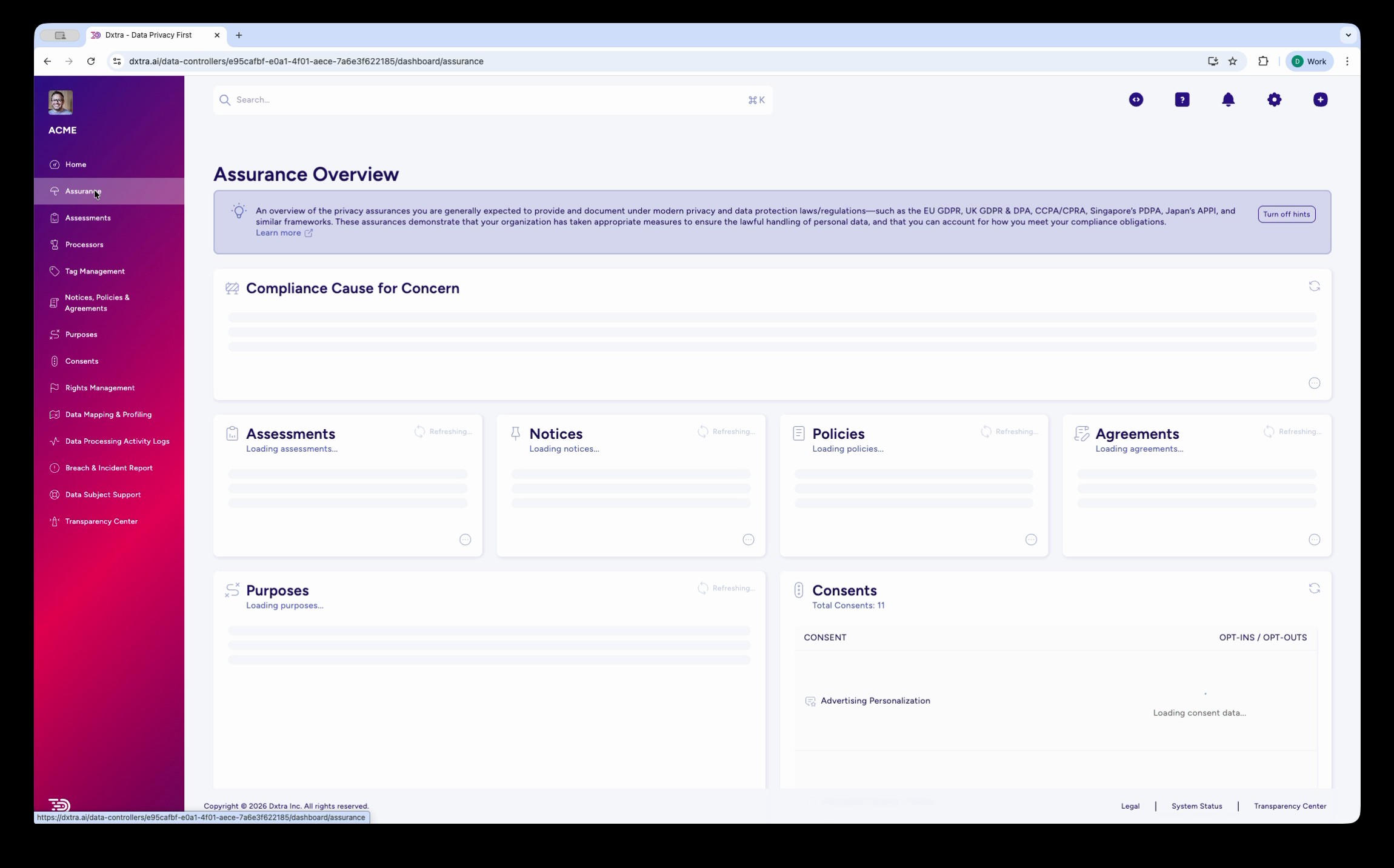 Assurance Overview showing generated assessments, notices, policies, agreements, purposes, and consents