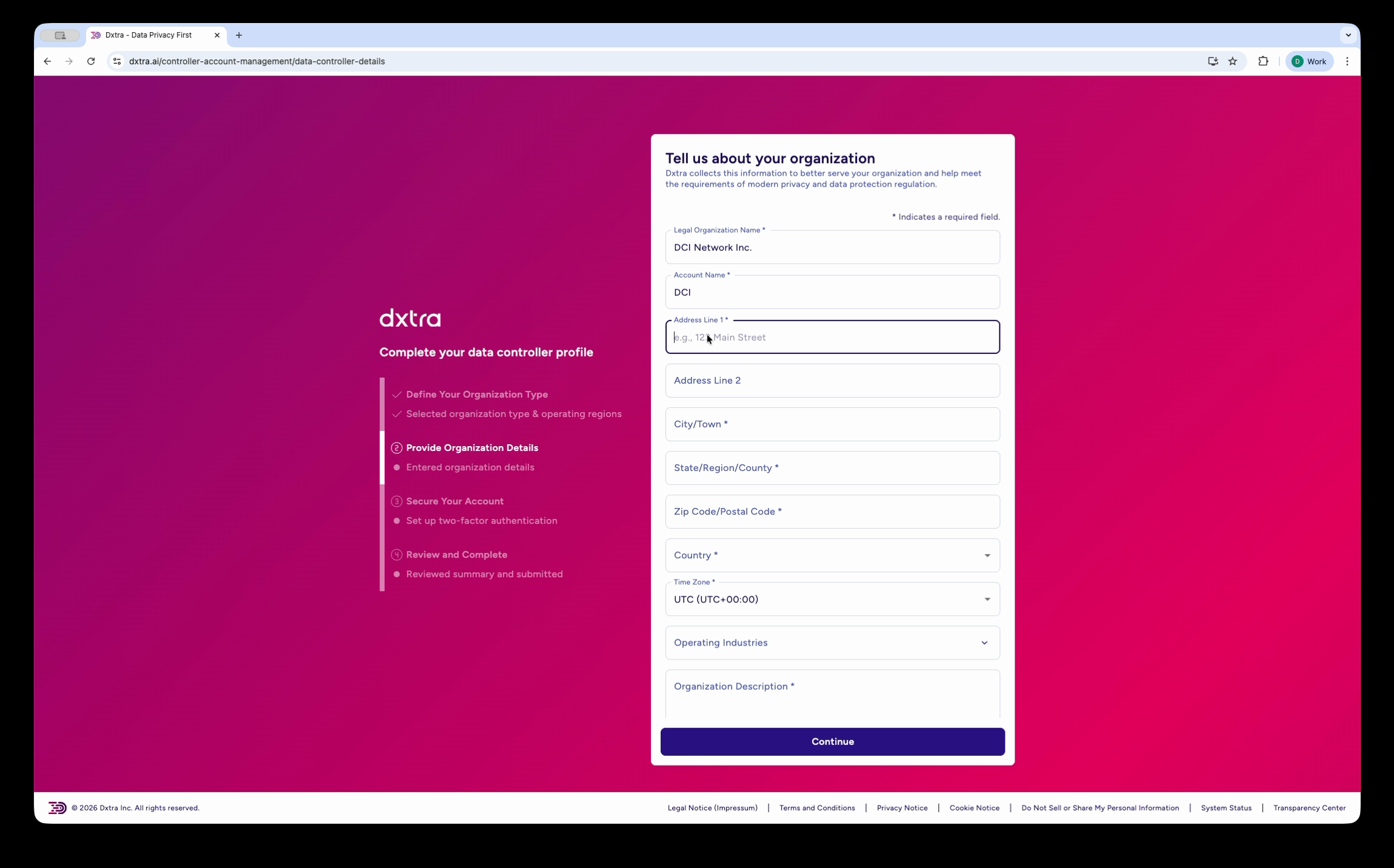 Organization details form with legal name, address, and contact fields