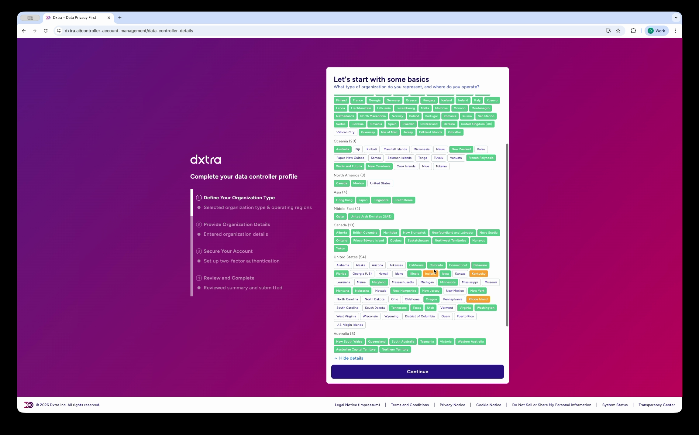 Operating regions selected showing color-coded tag cloud of 156 jurisdictions