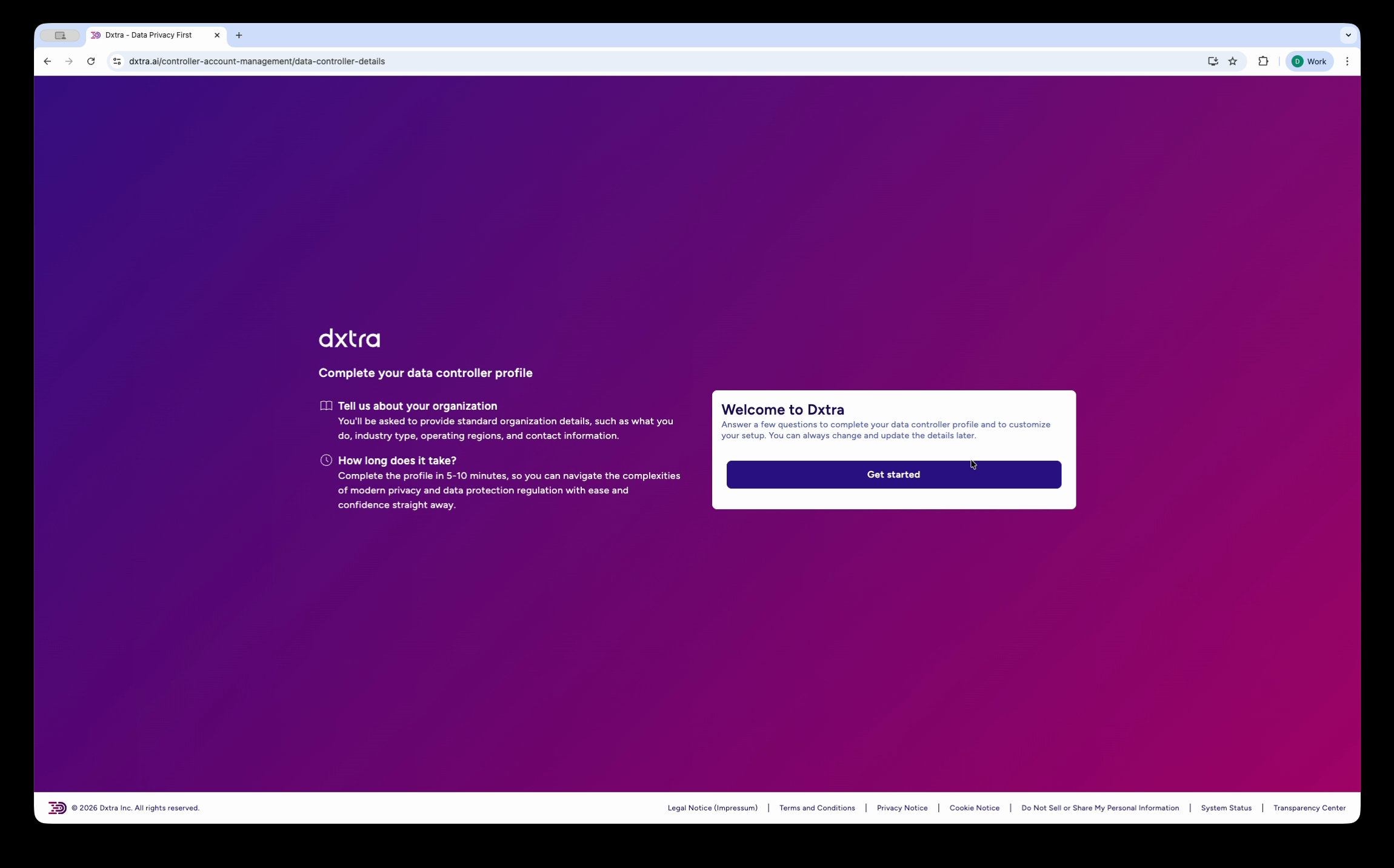 Data controller setup wizard showing the Welcome to Dxtra dialog