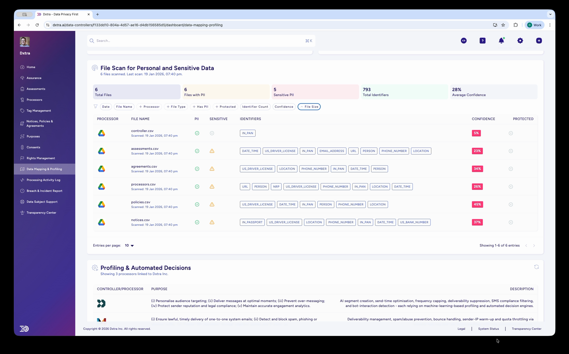 File Scan results with filter options visible
