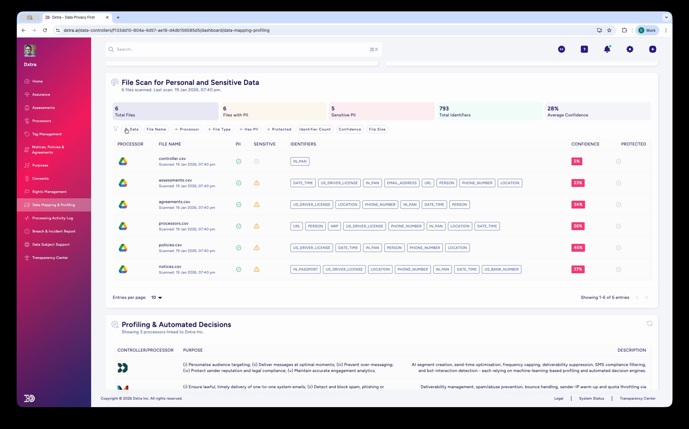 Data Mapping page showing file scan results and the Profiling & Automated Decisions section below