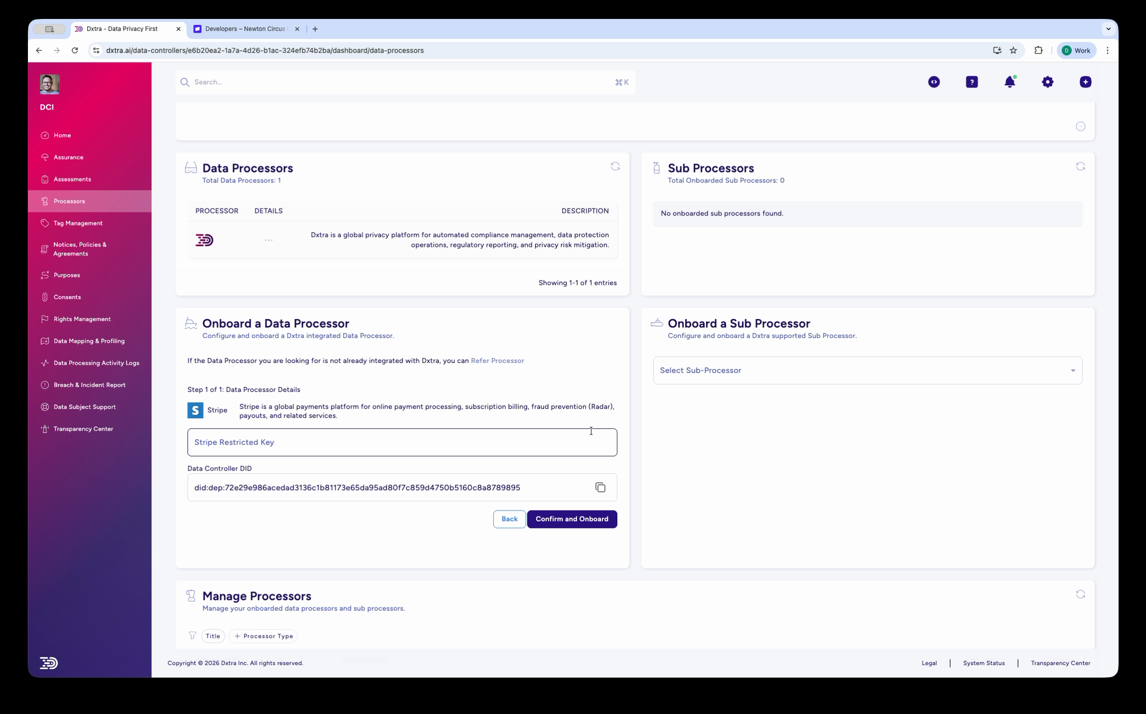 Onboarding wizard showing Stripe details, API key field, and Data Controller DID