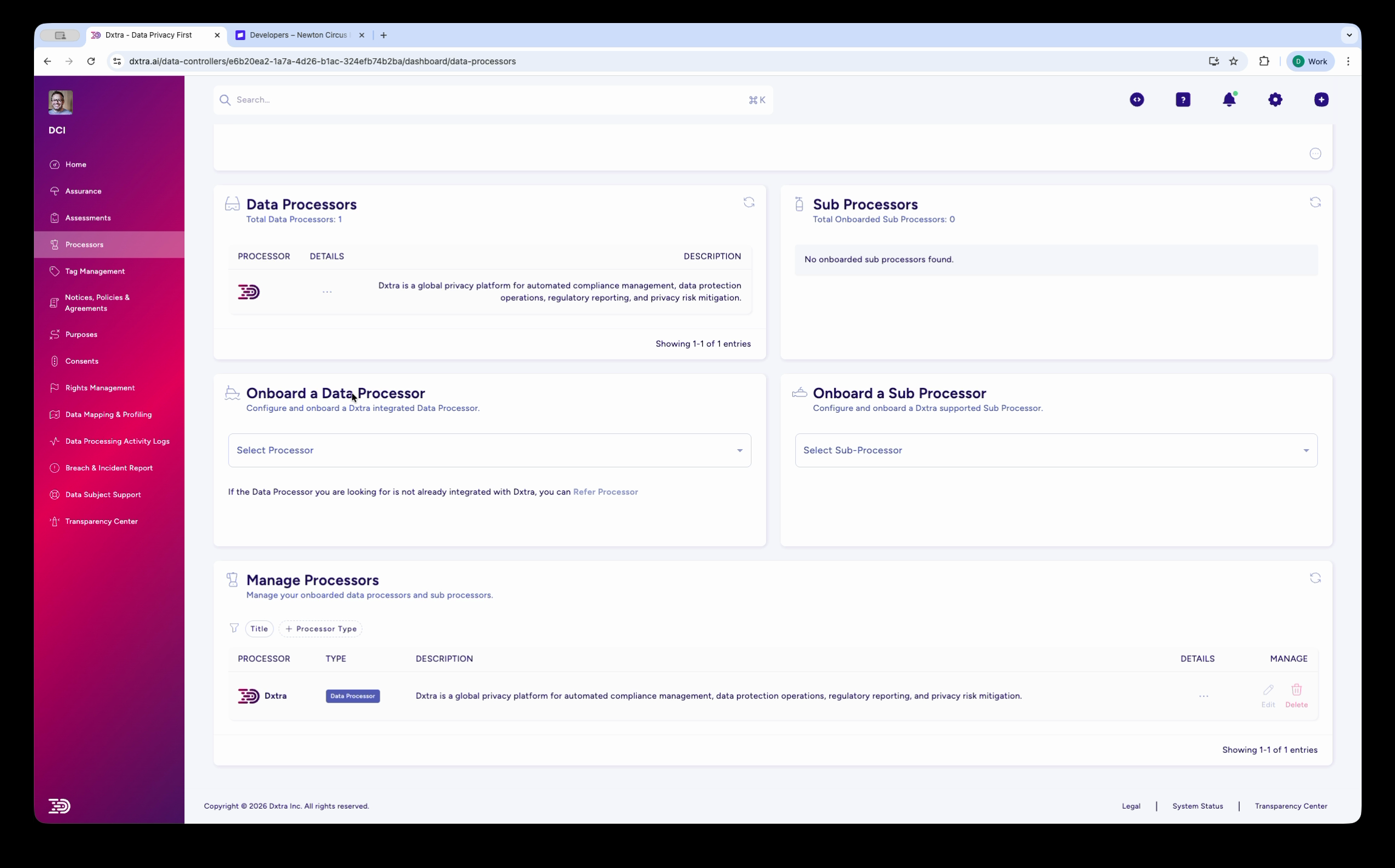 Processors page showing Data Processors list, Sub Processors, onboarding forms, and Manage Processors table