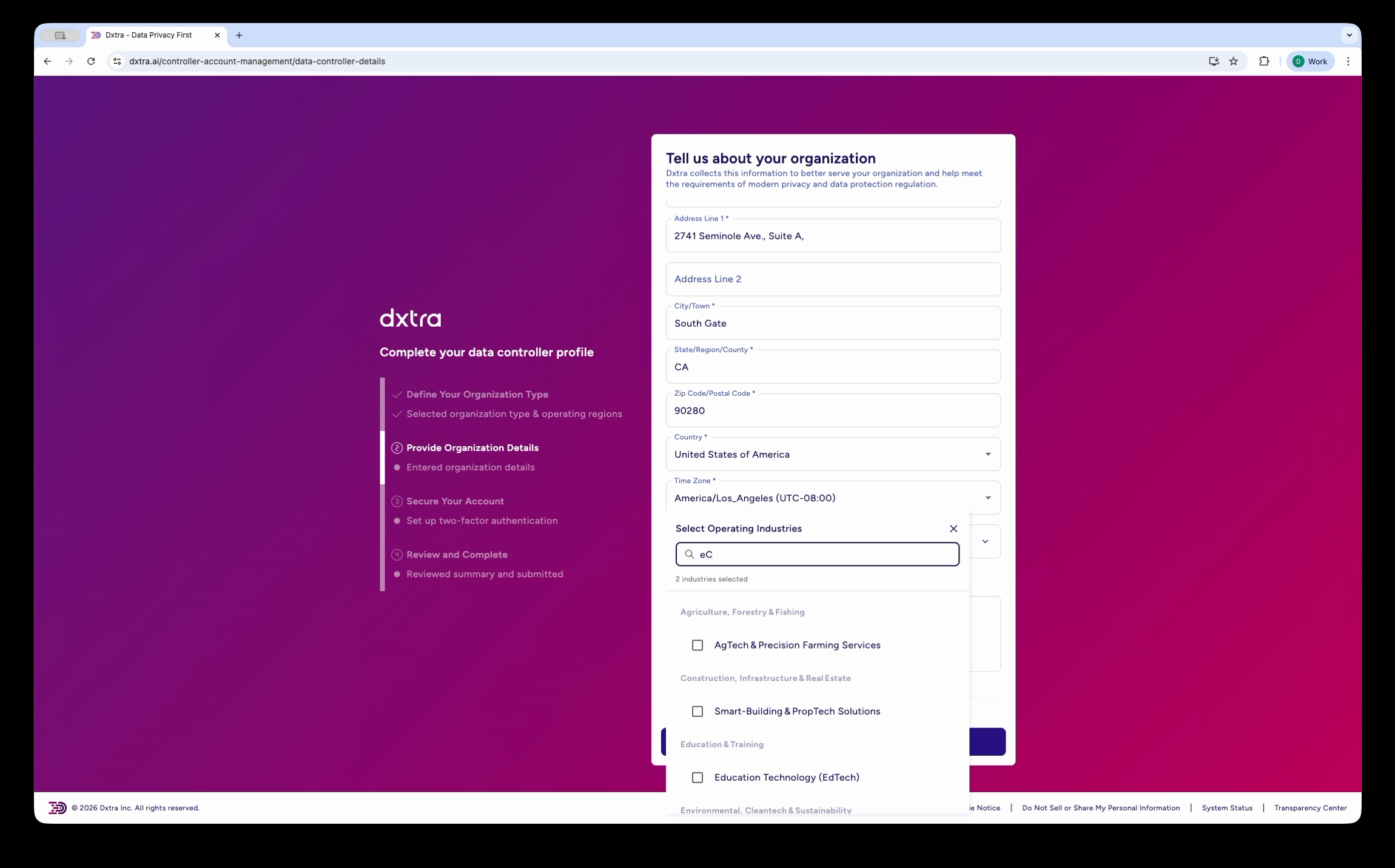 Organization details form in the data controller profile wizard