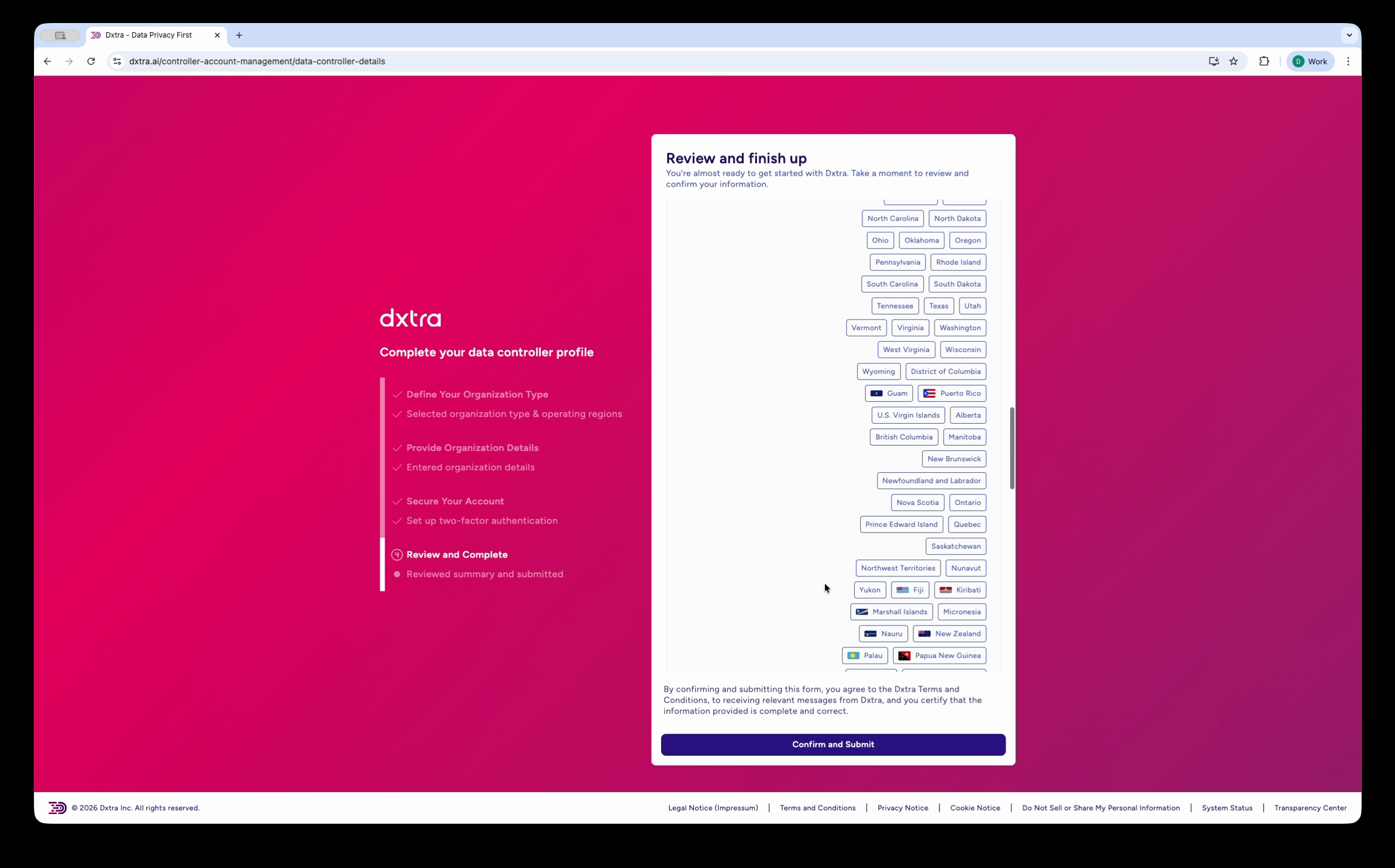 Review and finish up screen with all selections displayed as tags