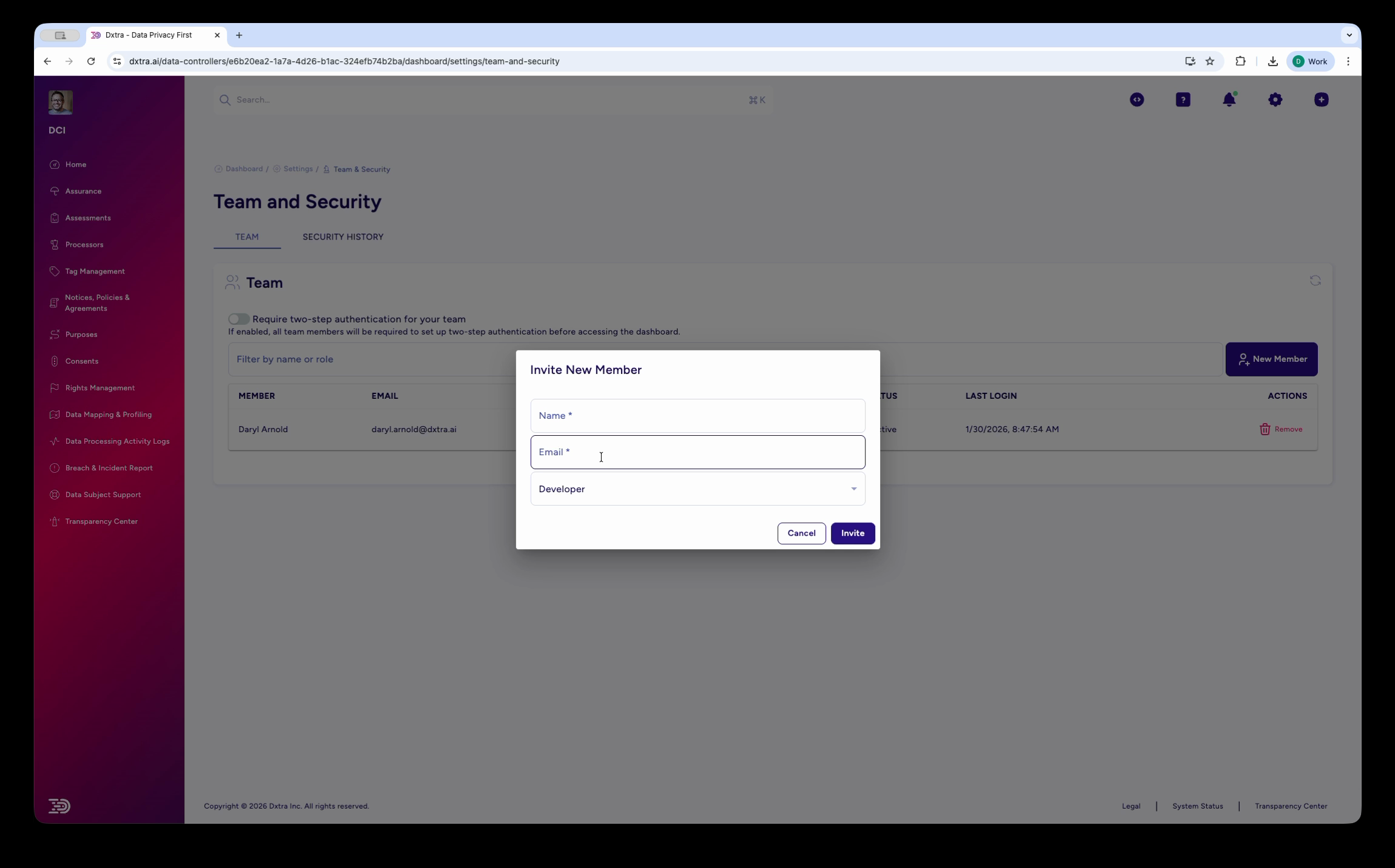 Invite New Member modal with name, email, and role fields
