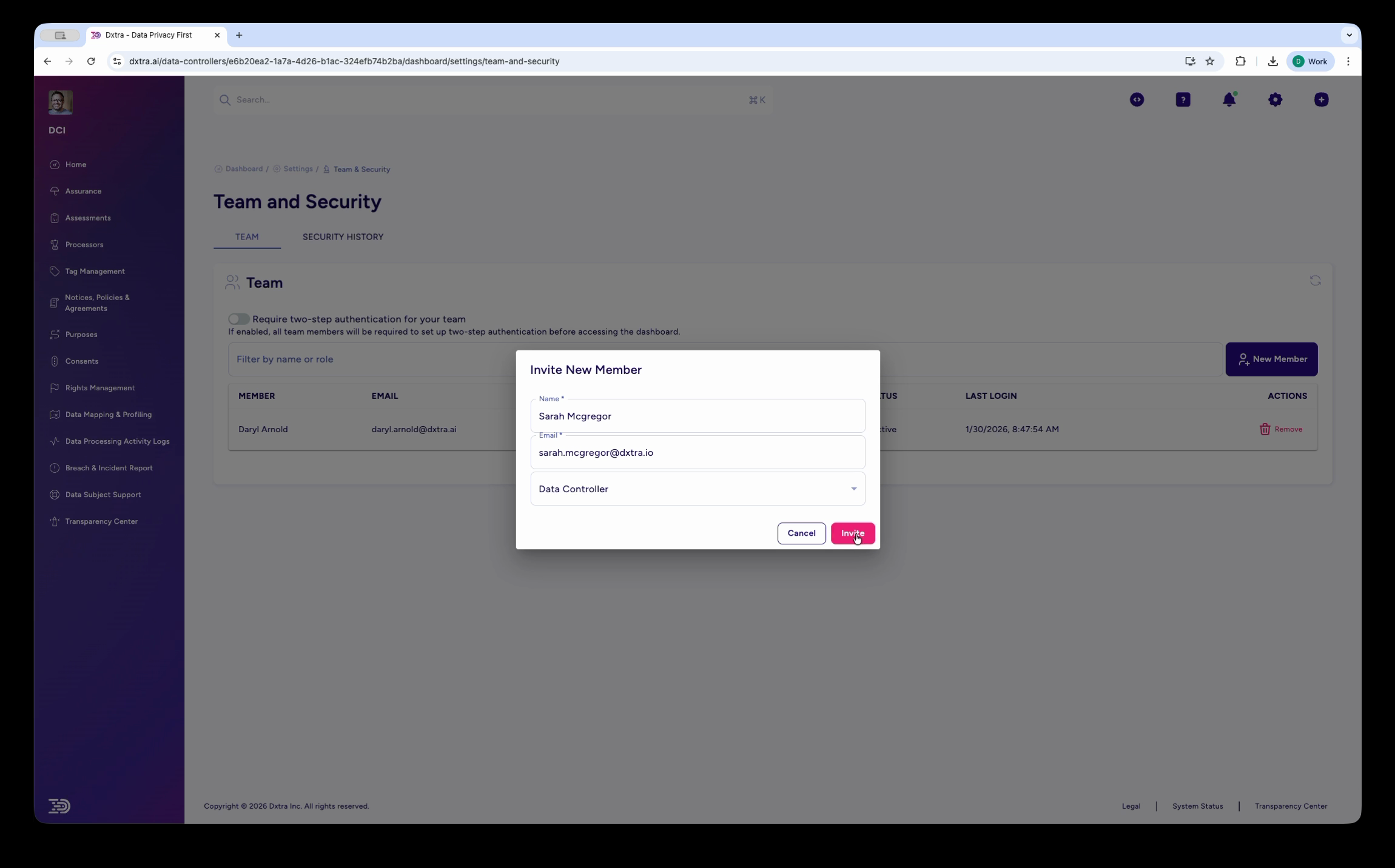 Invite New Member modal filled in with name, email, and role
