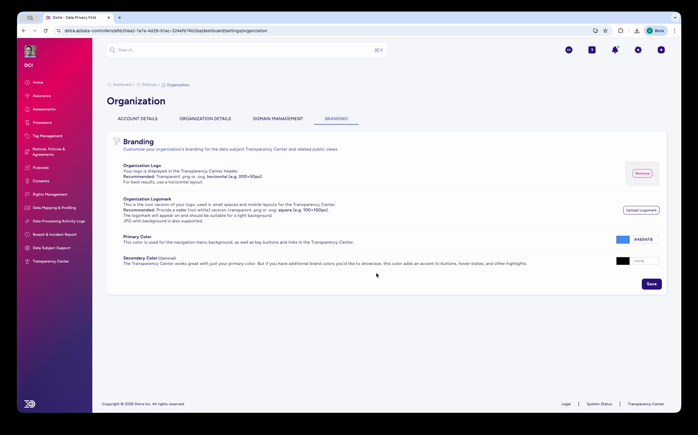 Organization Branding tab with logo, logomark, and color settings