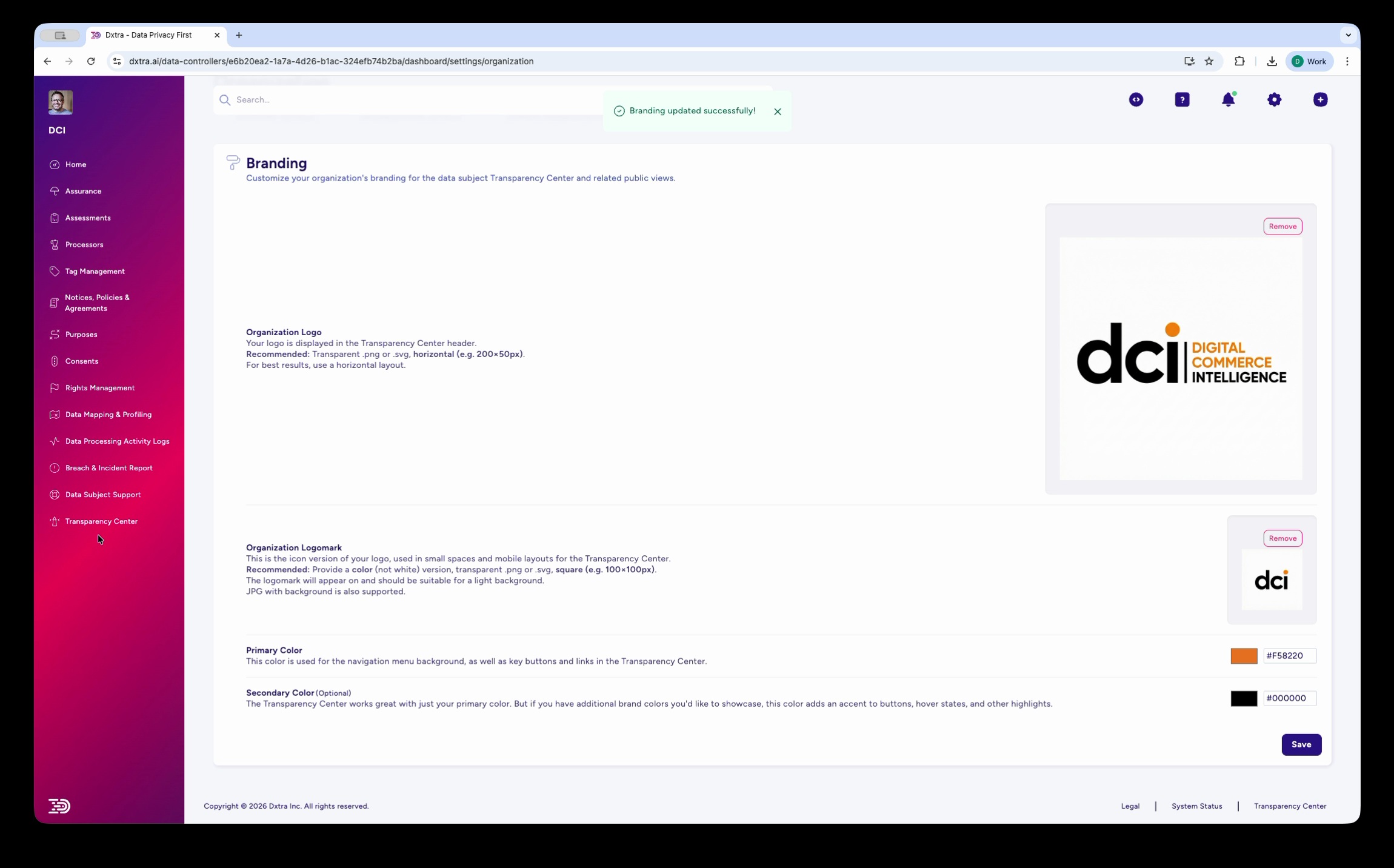 Branding tab with uploaded logos and success confirmation
