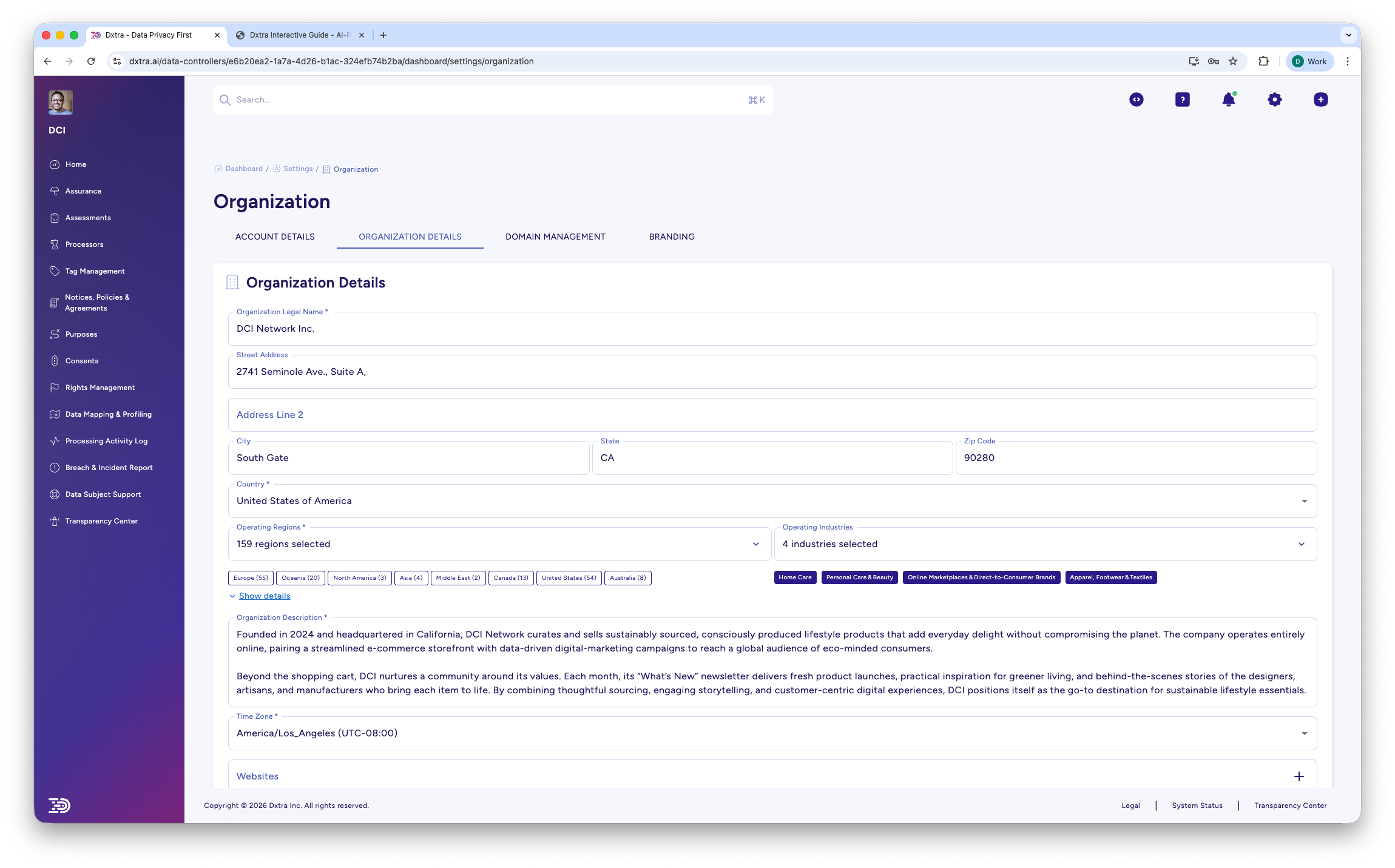 Organization Details tab showing company name, address, operating regions, and industries