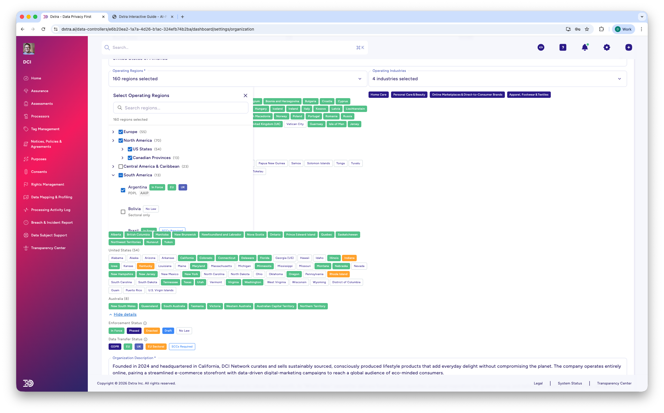 Select Operating Regions modal with continent and country hierarchy