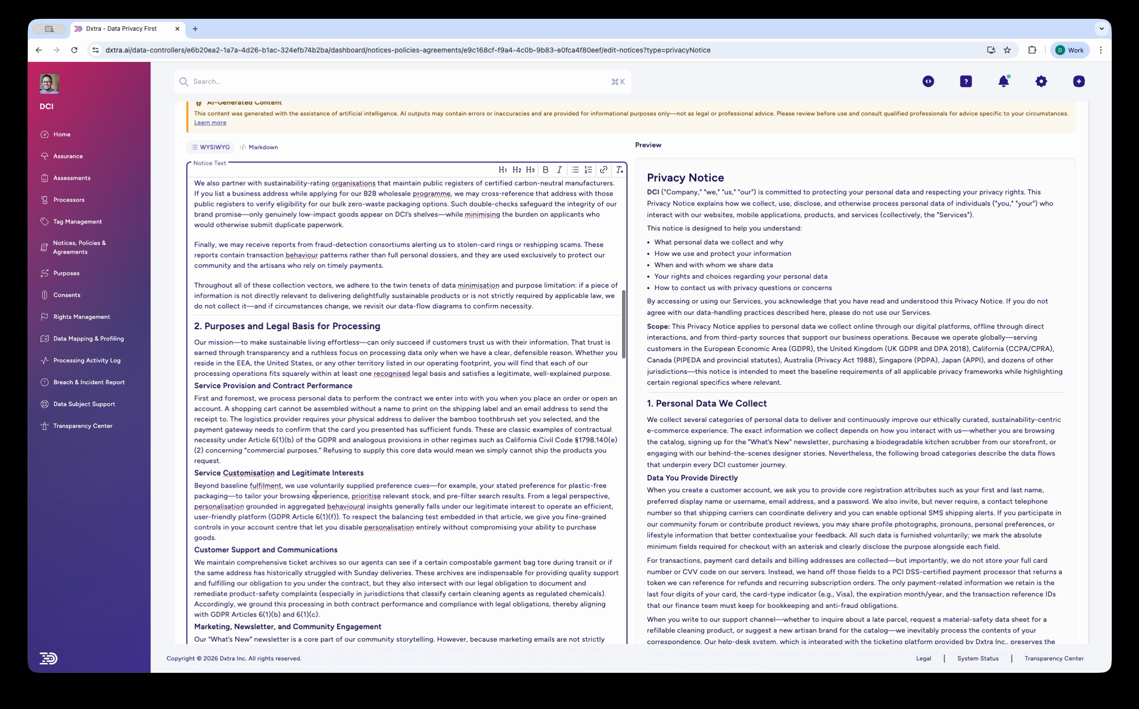 Privacy Notice editor