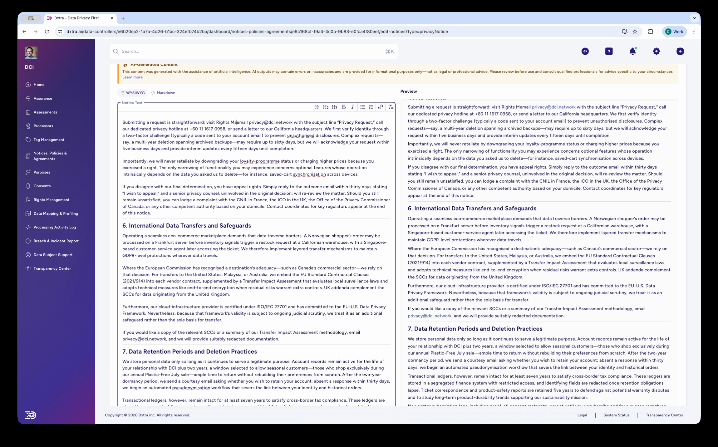 Privacy Notice editor continued