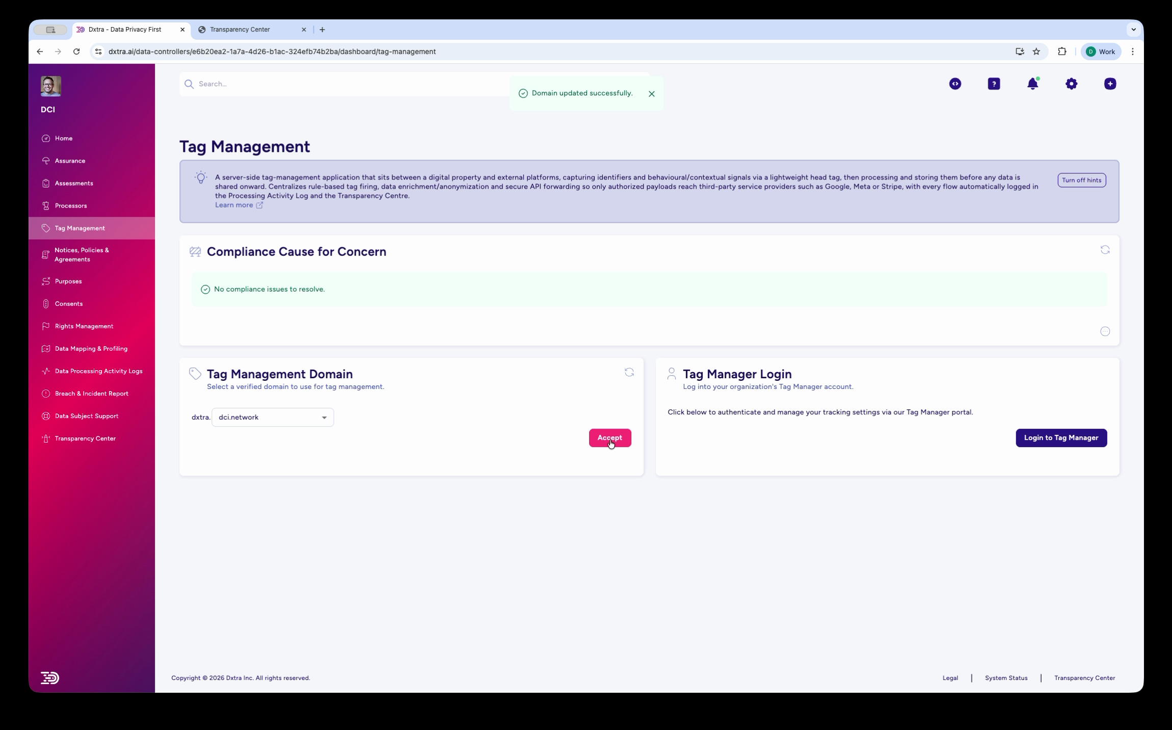 Tag Management domain confirmed
