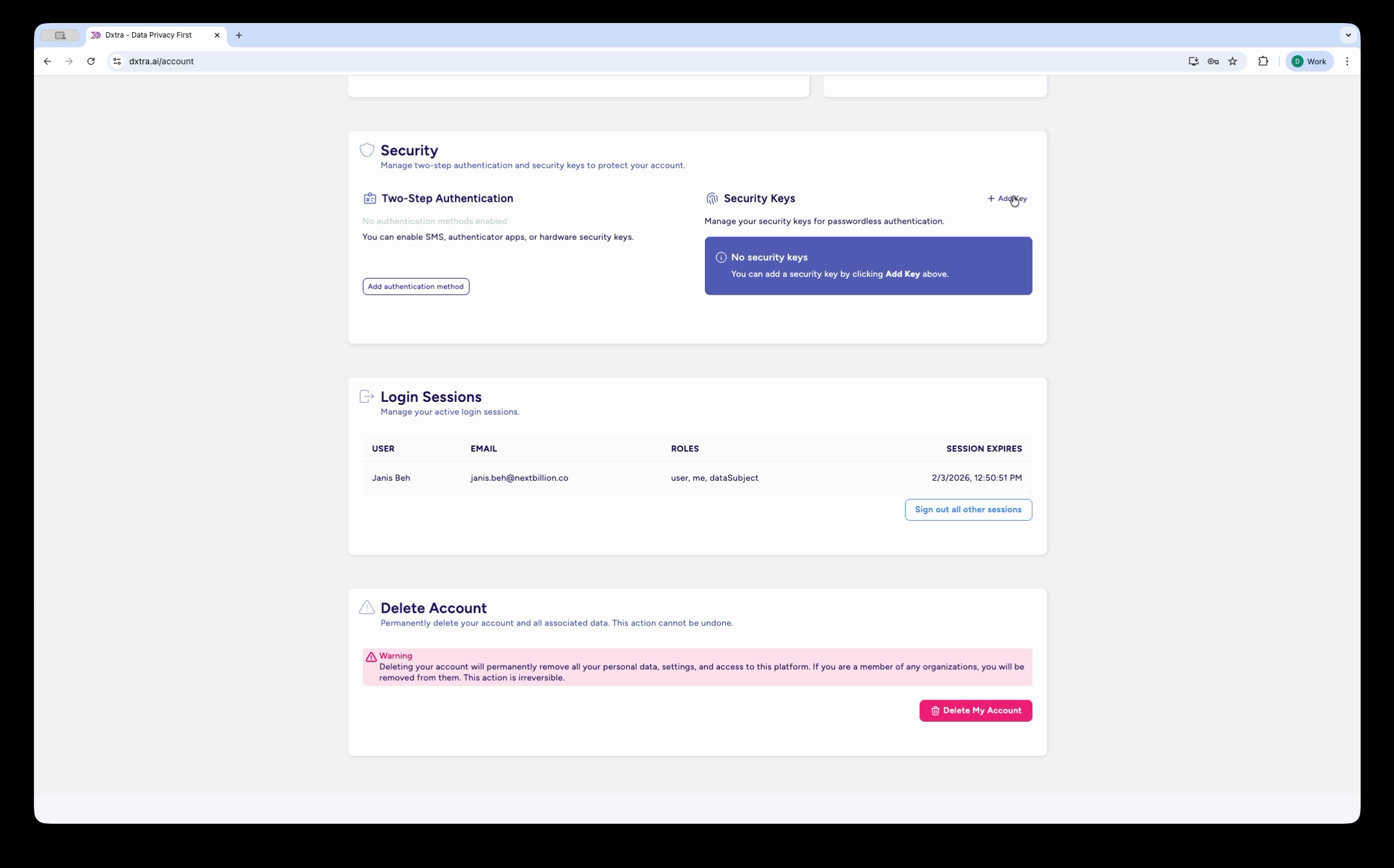 Security section showing 2FA, security keys, login sessions, and account deletion