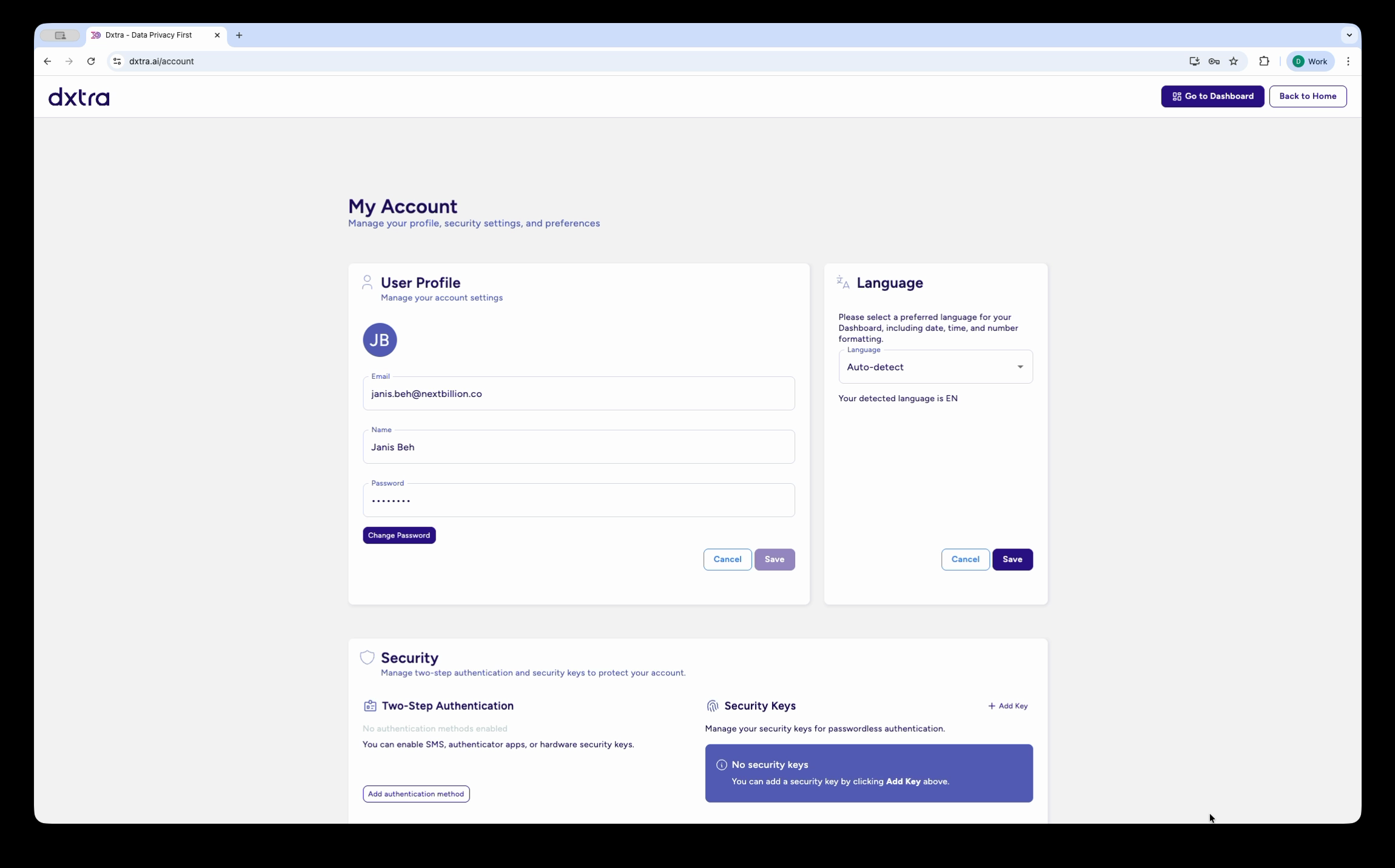 My Account page showing User Profile, Language, and Security sections