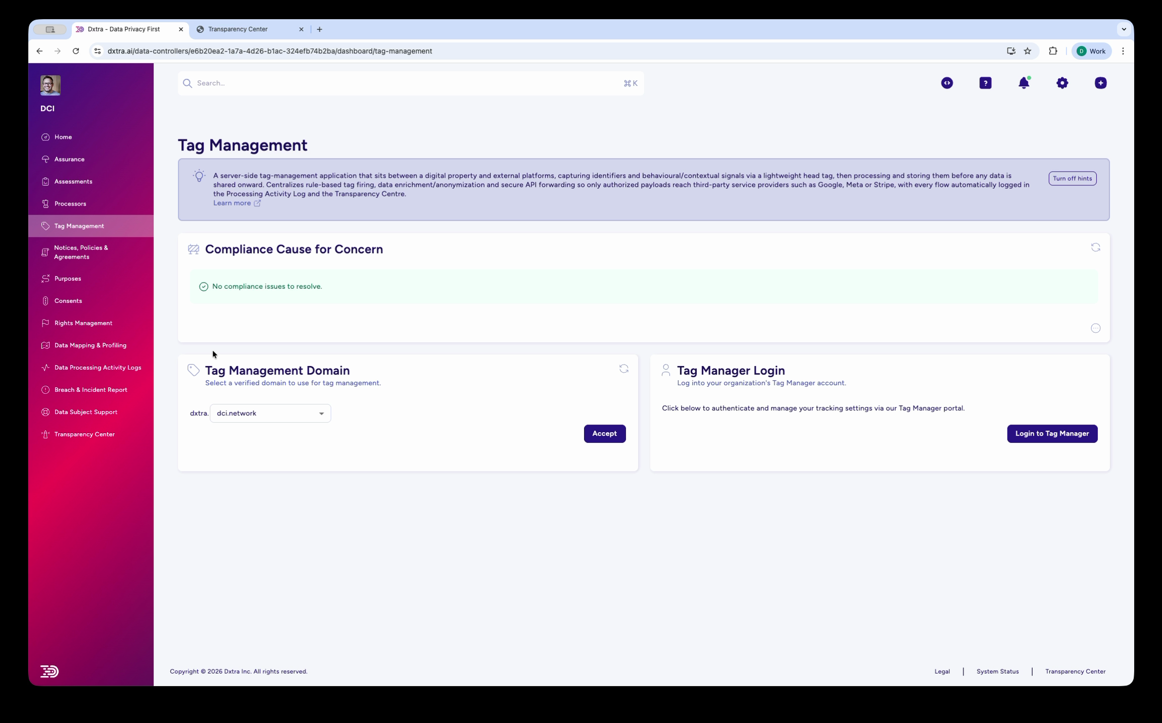 Tag Management page showing domain selection and Set as Primary button