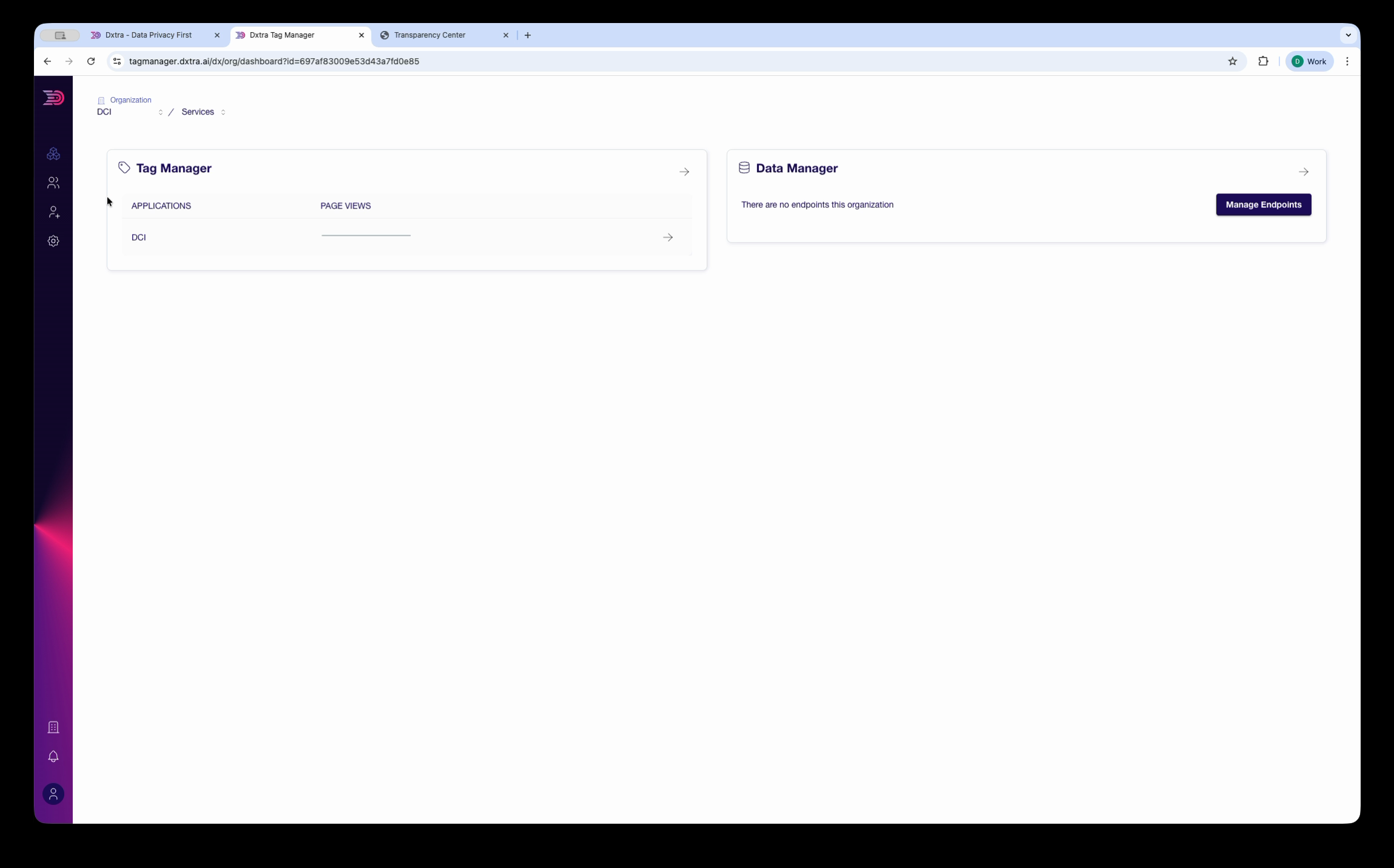 Tag Manager Services page with Tag Manager and Data Manager cards
