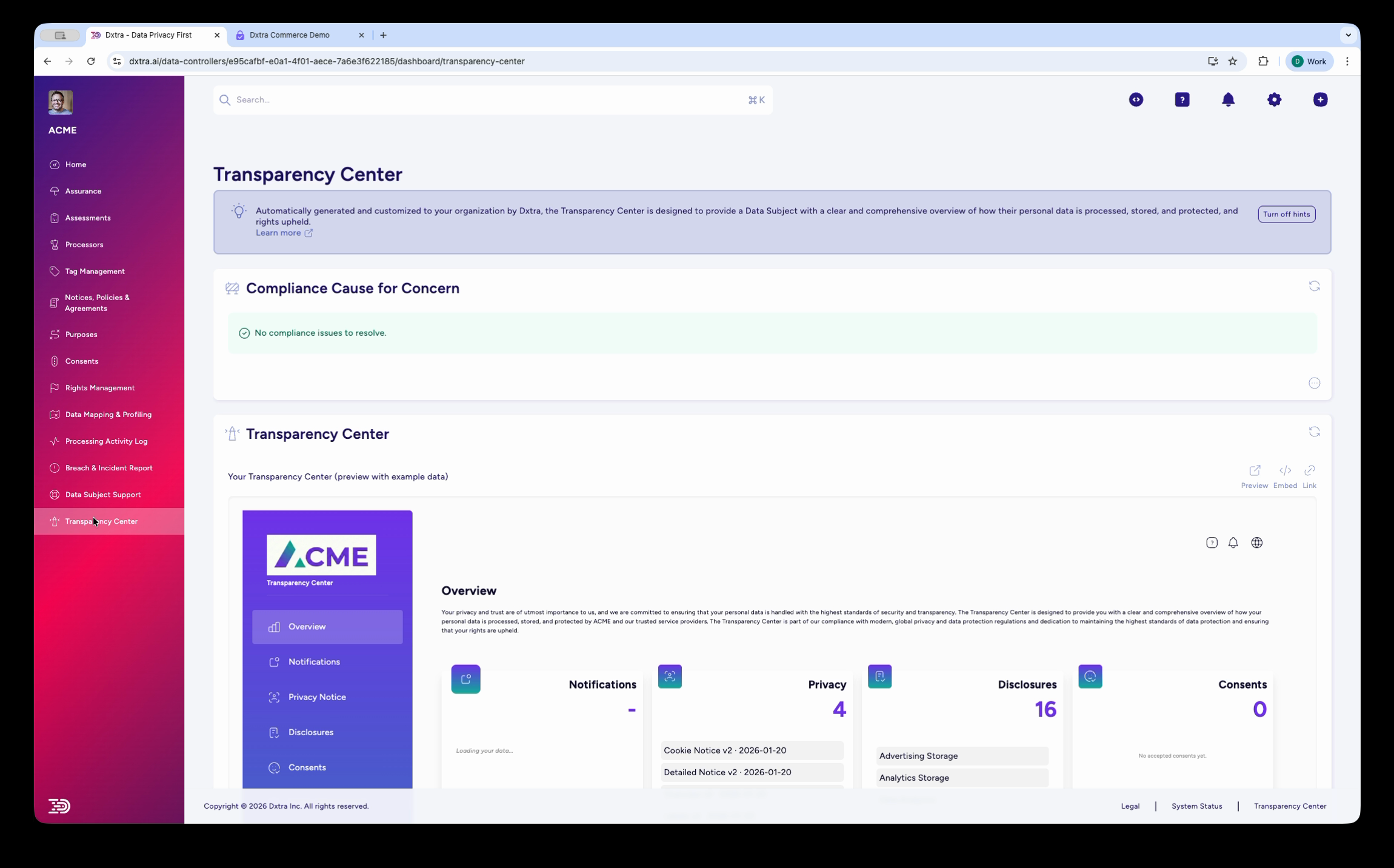 Transparency Center admin view showing the embedded consumer portal preview