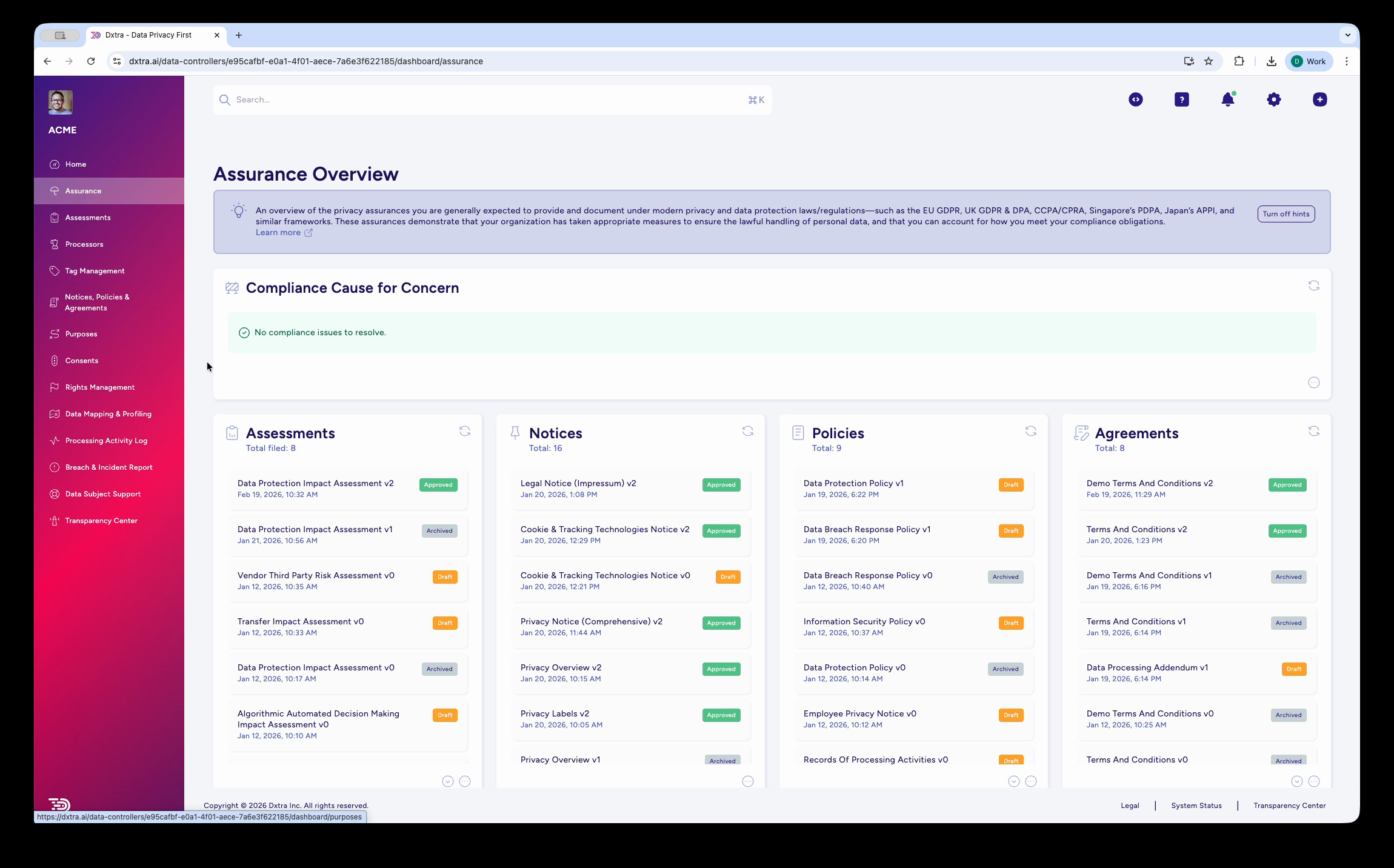 Assurance Overview showing four columns of AI-generated documents: Assessments, Notices, Policies, and Agreements