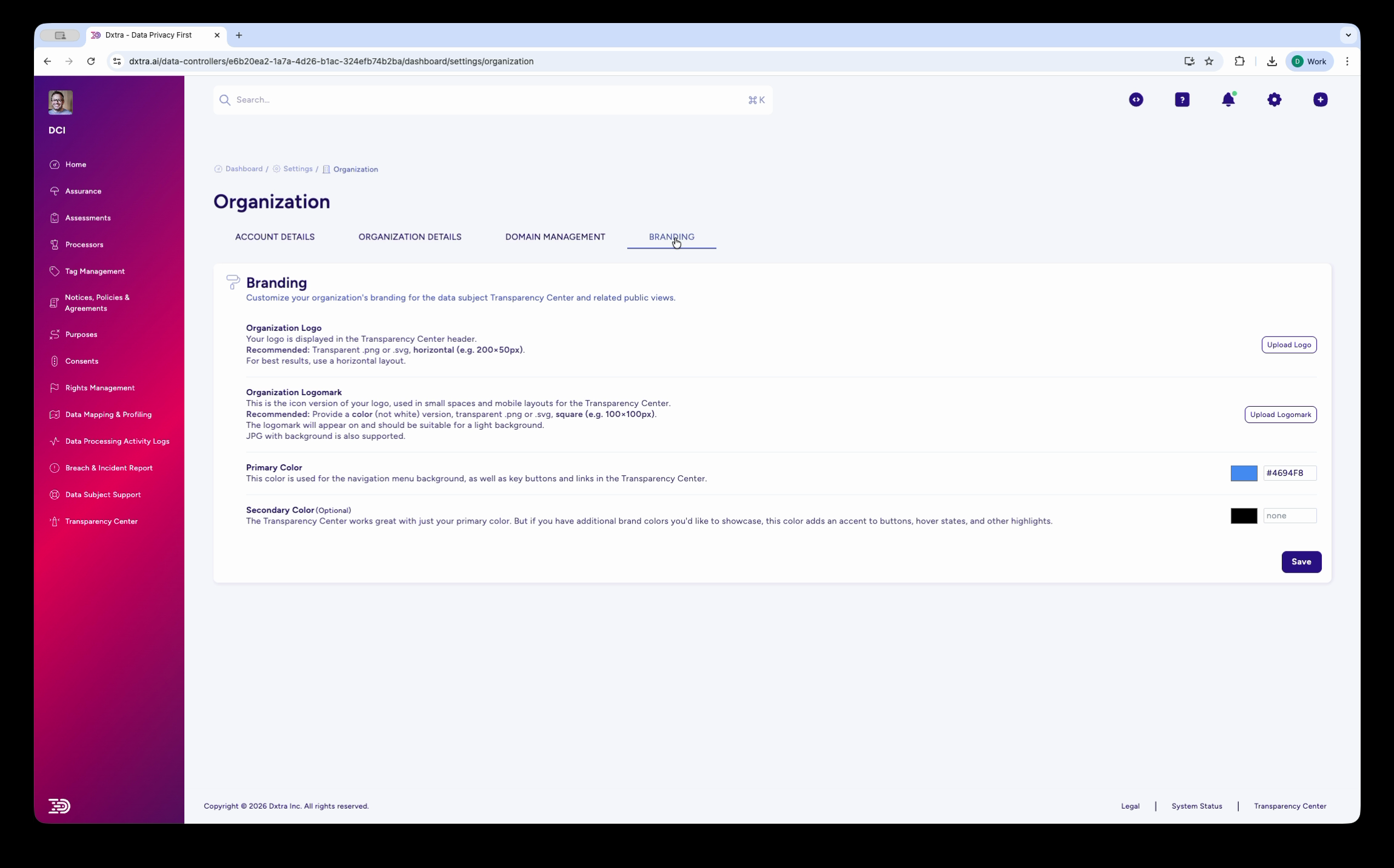 Organization Branding settings showing logo, logomark, primary color, and secondary color fields
