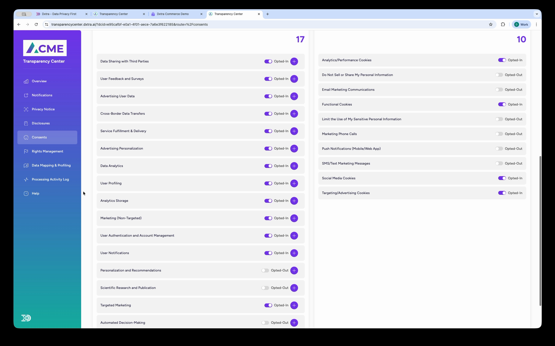 Consents section showing consent purpose toggles and preference category toggles