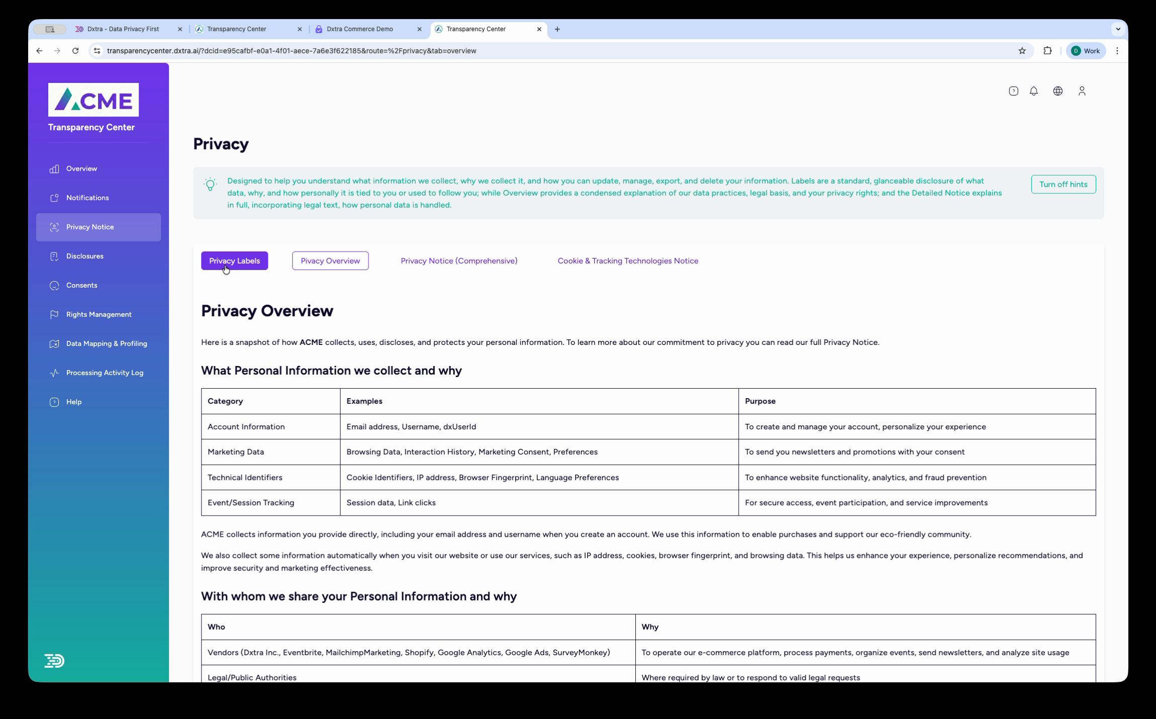 Privacy Notice section showing the Privacy Overview tab with a table of personal information collected