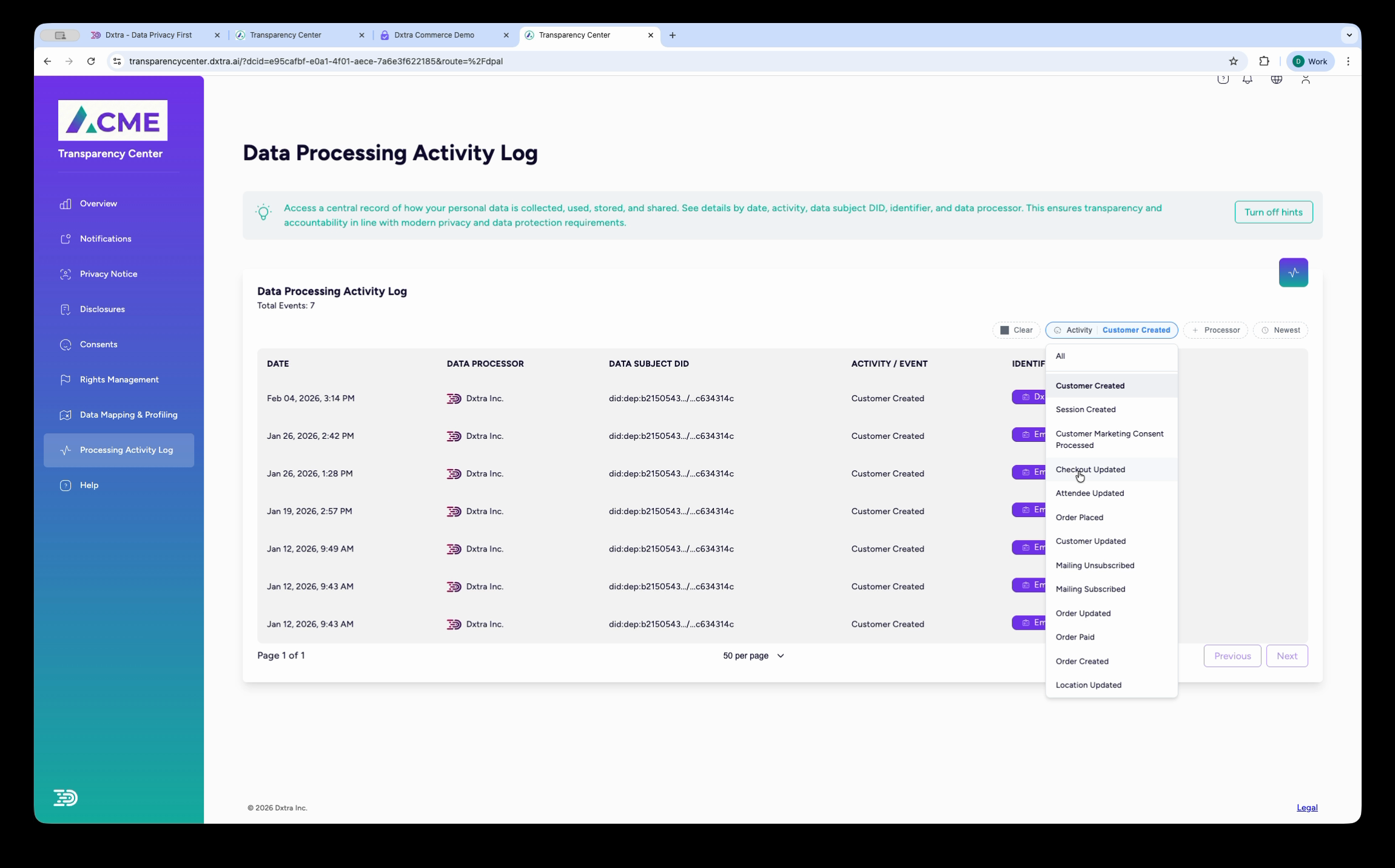 Processing Activity Log with filterable table showing data processing events