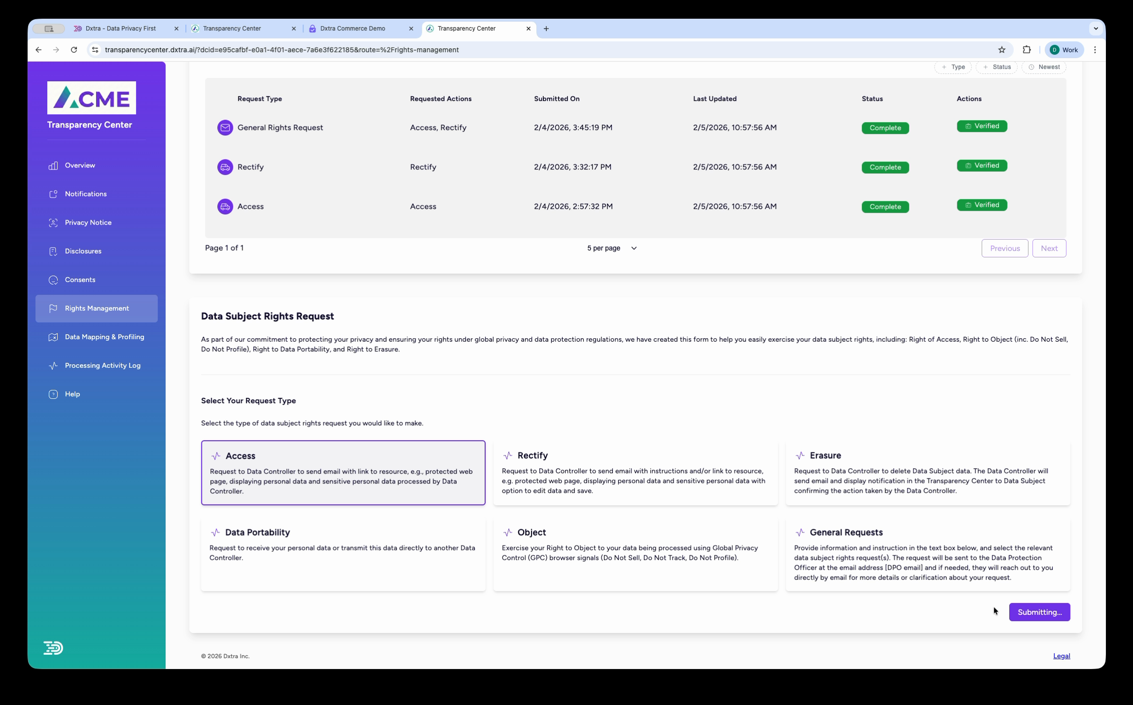 Rights Management section with request history table and submission form